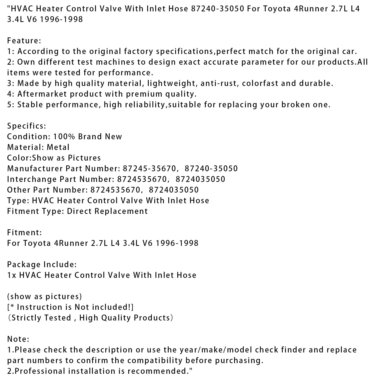 1996-1998 Toyota 4Runner 2.7L L4 3.4L V6 HVAC Heater Control Valve With Inlet Hose