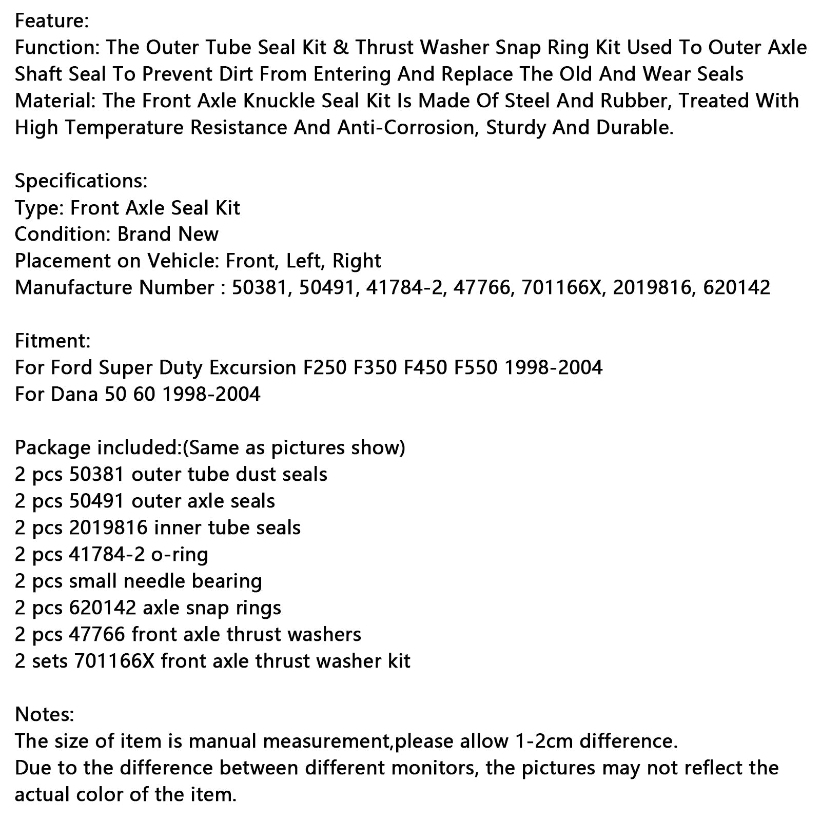 Front Axle Seal and Thrust Washer Kit Fit Ford Excursion F250 F350 1998-2004