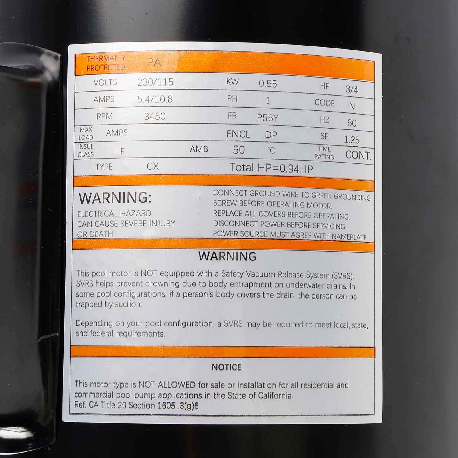 B2852 Square Single Speed Pool Pump Motor 3/4 HP 3450RPM