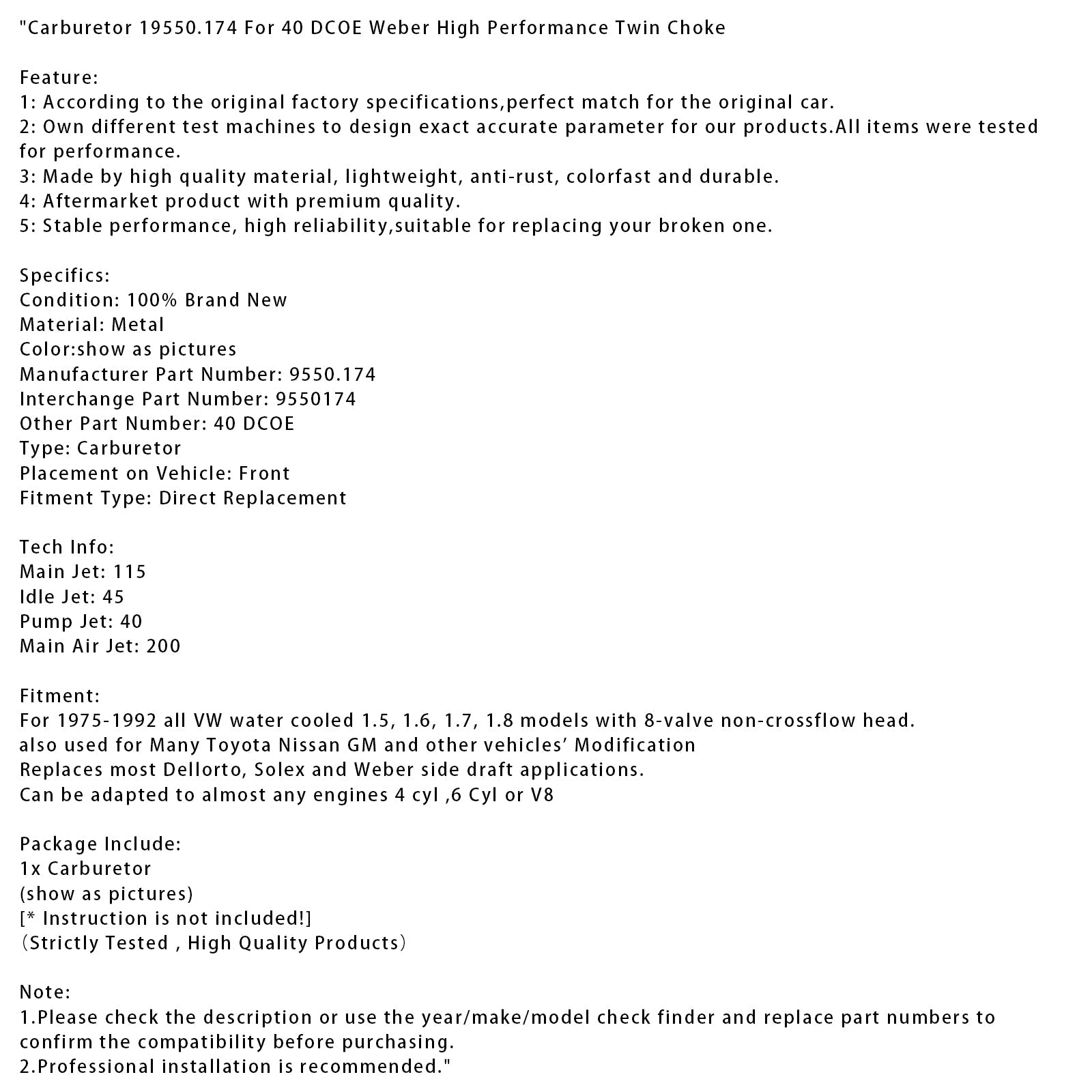 1975-1992 all VW water cooled 1.5, 1.6, 1.7, 1.8 models Carburetor 19550.174 40 DCOE Weber High Performance Twin Choke