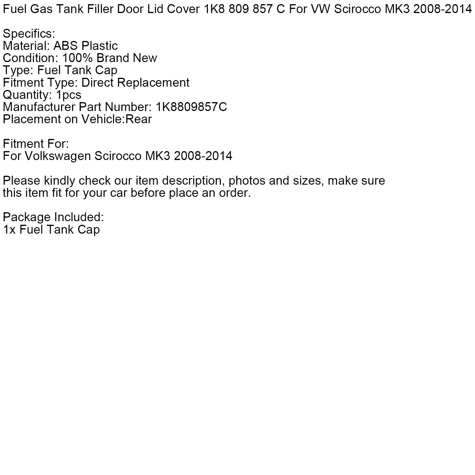 Fuel Gas Tank Filler Door Lid Cover 1K8809857C For VW Scirocco MK3 2008-2014
