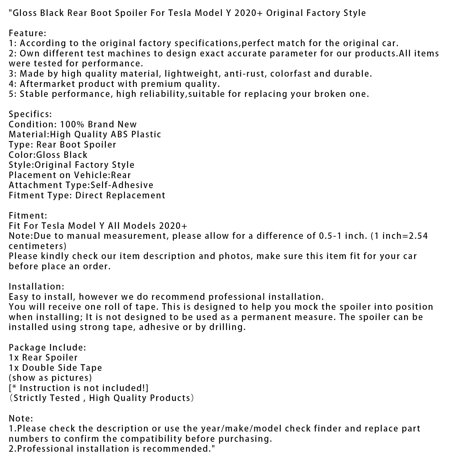 Gloss Black Rear Boot Spoiler For Tesla Model Y 2020+ Original Factory Style