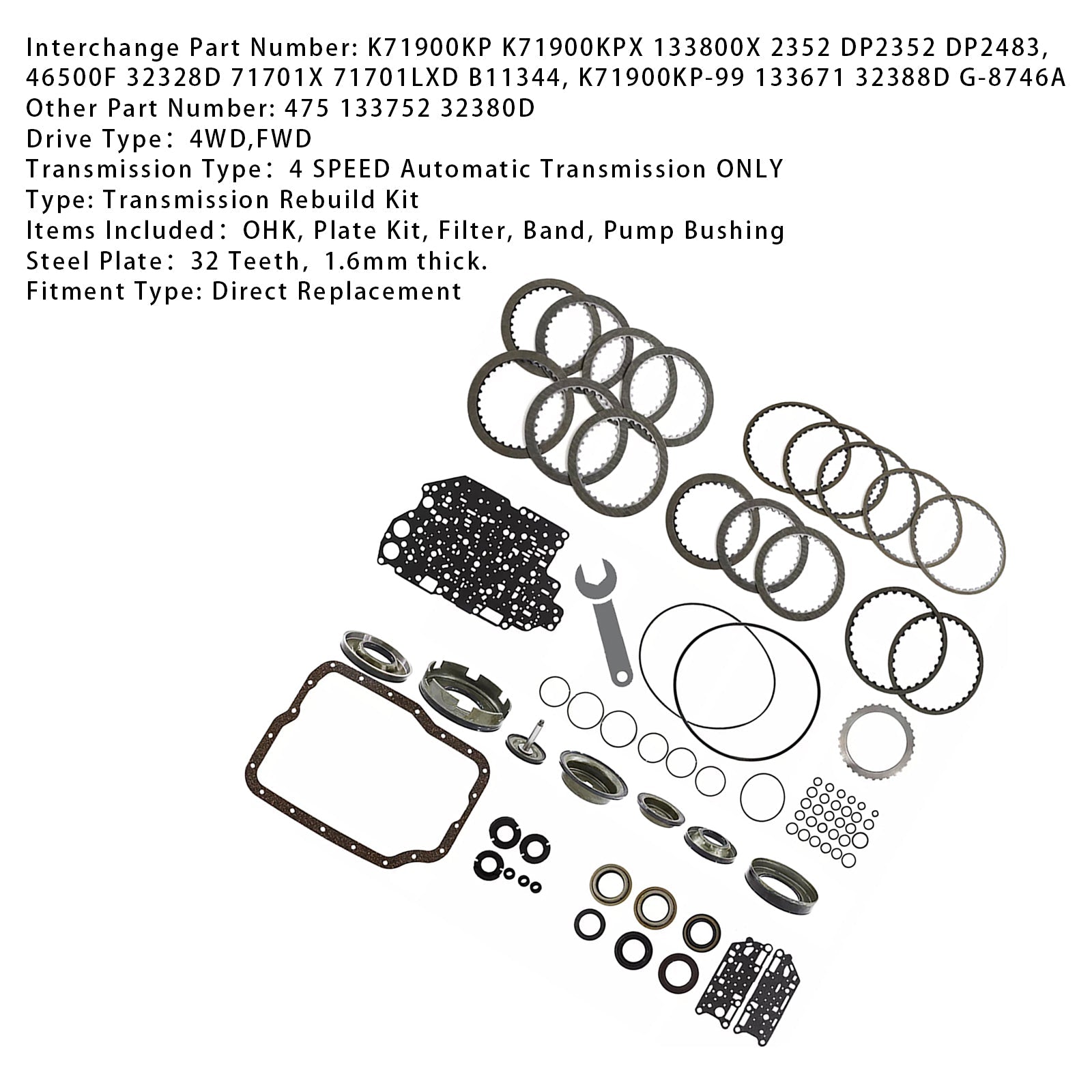 2000-2005 FORD LYNX 4 SP FWD L4 1.3L 1.6L FN4A-EL 4F27E Transmission Banner Rebuild Kit 99-UP W/Pistons