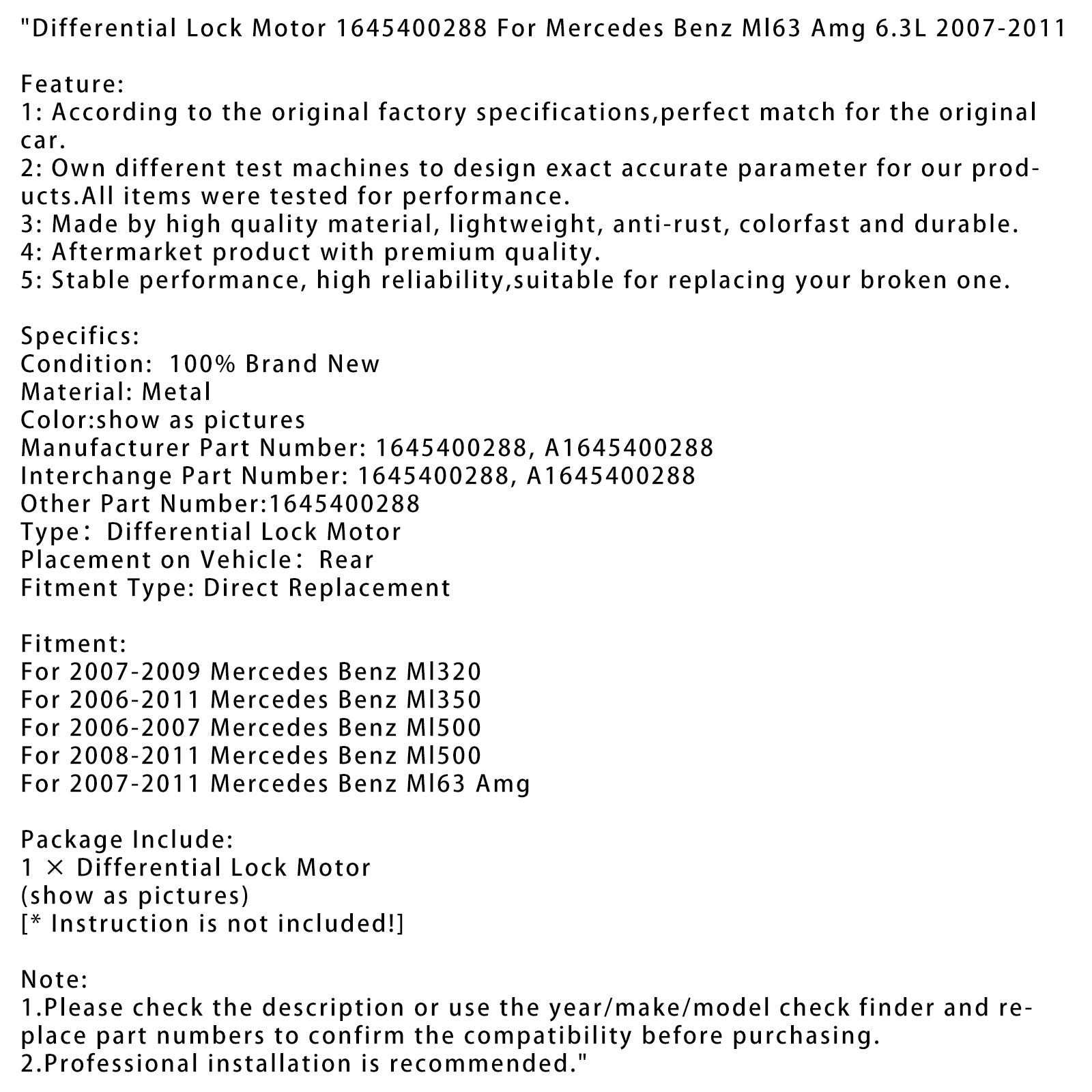 Differential Lock Motor 1645400288 For Mercedes Benz Ml63 Amg 6.3L 2007-2011