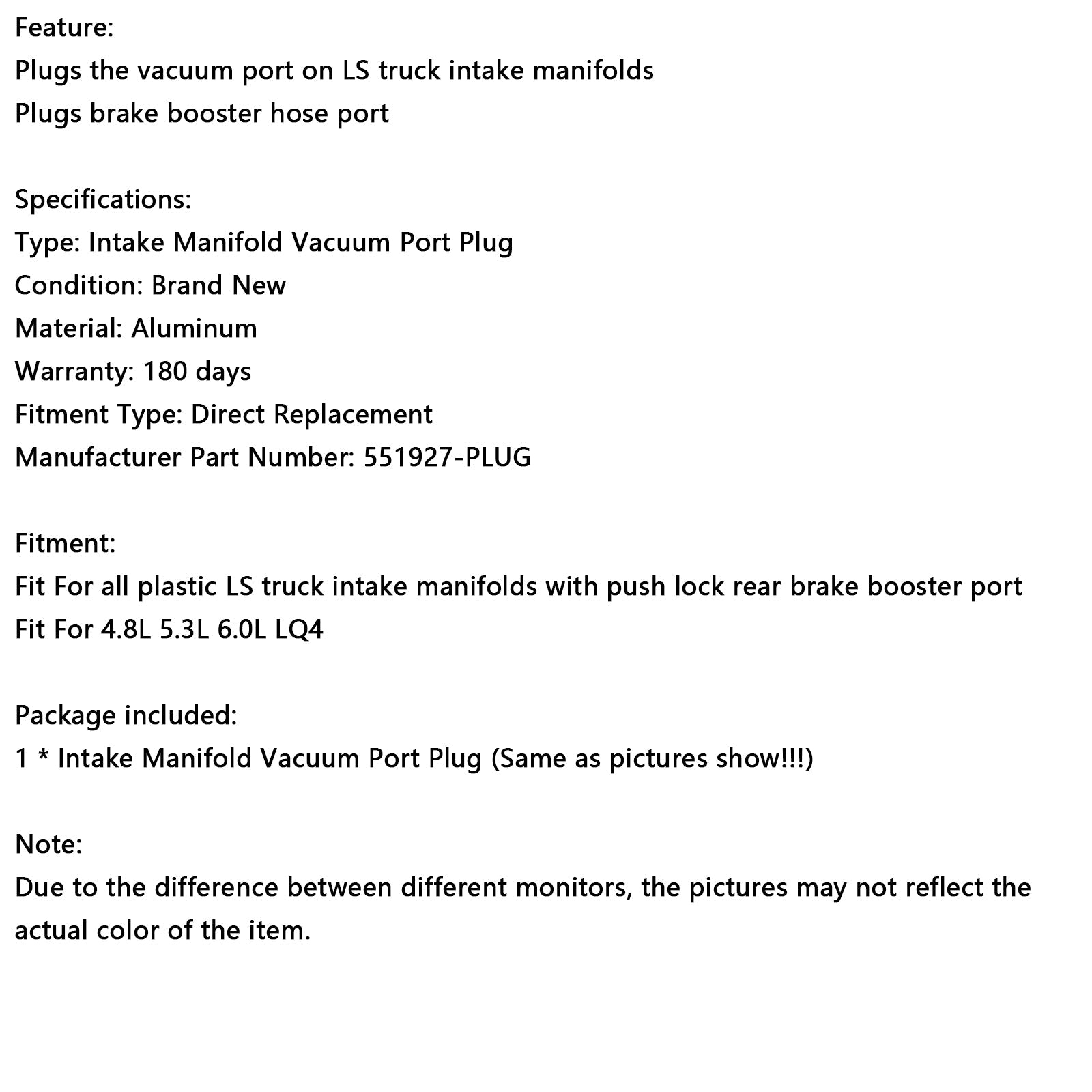 LS Truck Intake Manifold Rear Brake Booster Vacuum Port 4.8L 5.3L 6.0L LQ4 551927-PLUG