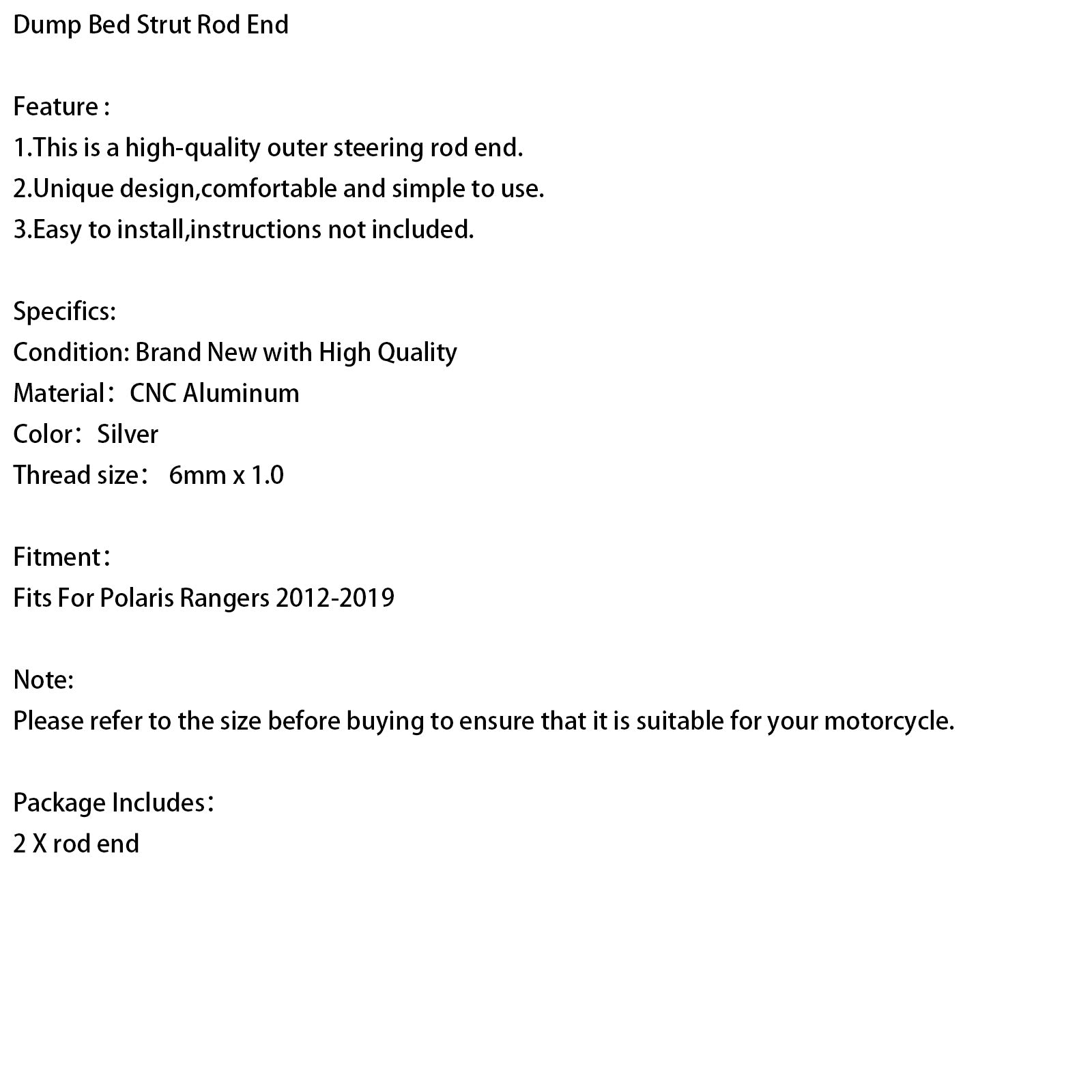 2012-2019 Polaris Rangers 2PCS CNC Aluminum 6mm Dump Bed Strut Rod End