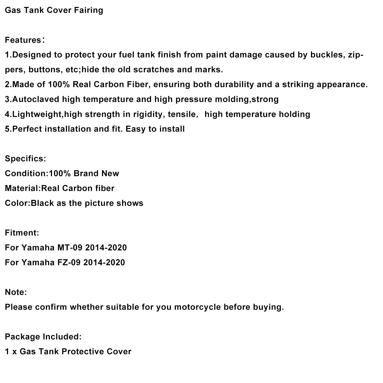 2014-2020 Yamaha MT-09 FZ09 Real Carbon Fiber Tank Cover Fairing