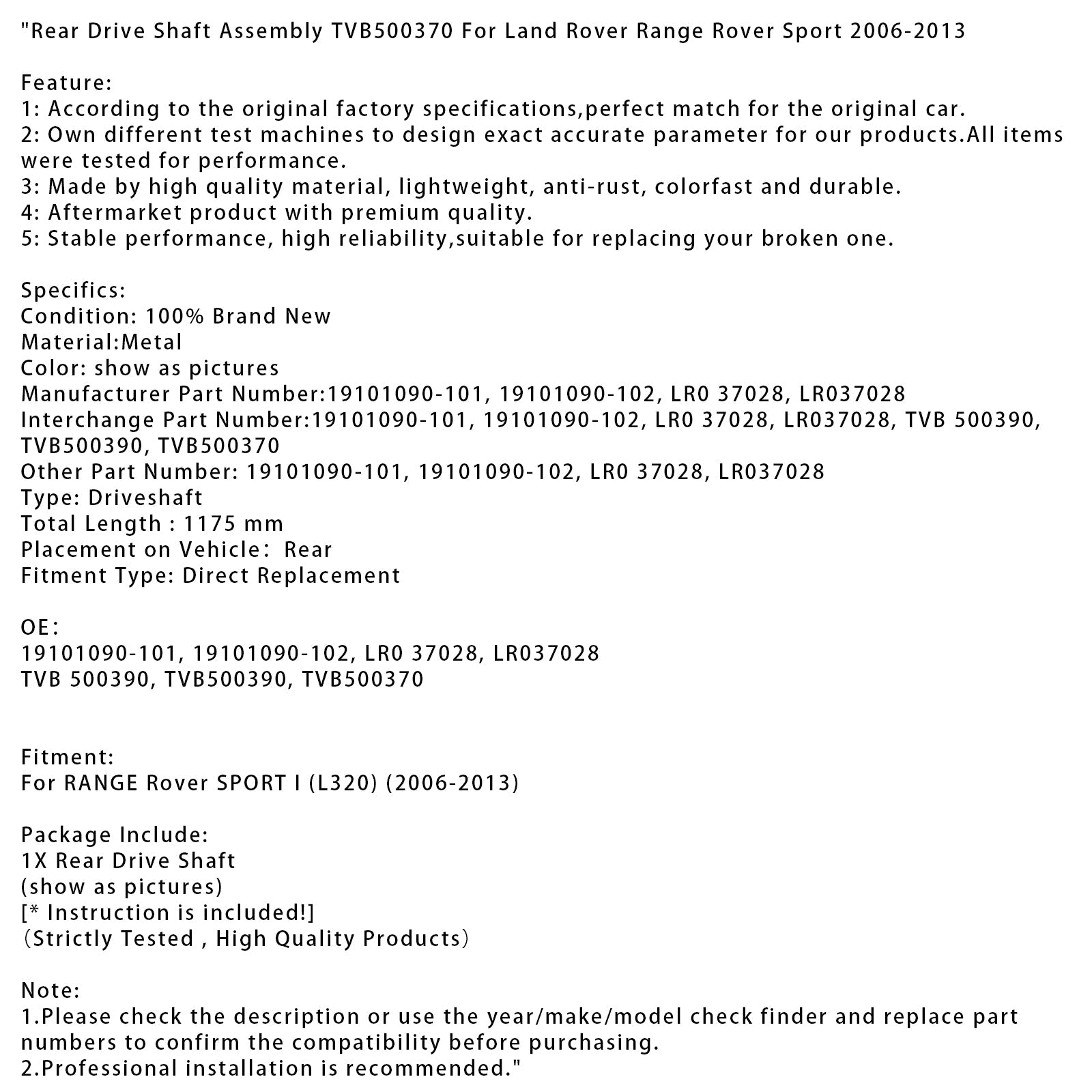 2006-2013 Land Rover Range Rover Sport Rear Drive Shaft Assembly TVB500370