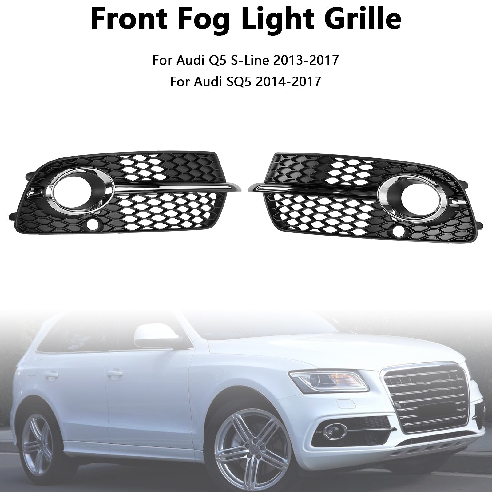 Front Bumper Fog Light Grille Fit Audi Q5 S-Line SQ5 2013-2017 Black Chrome