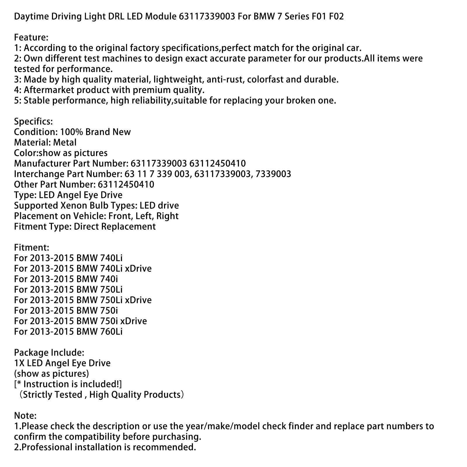 Daytime Driving Light DRL LED Module 63117339003 For BMW 7 Series F01 F02