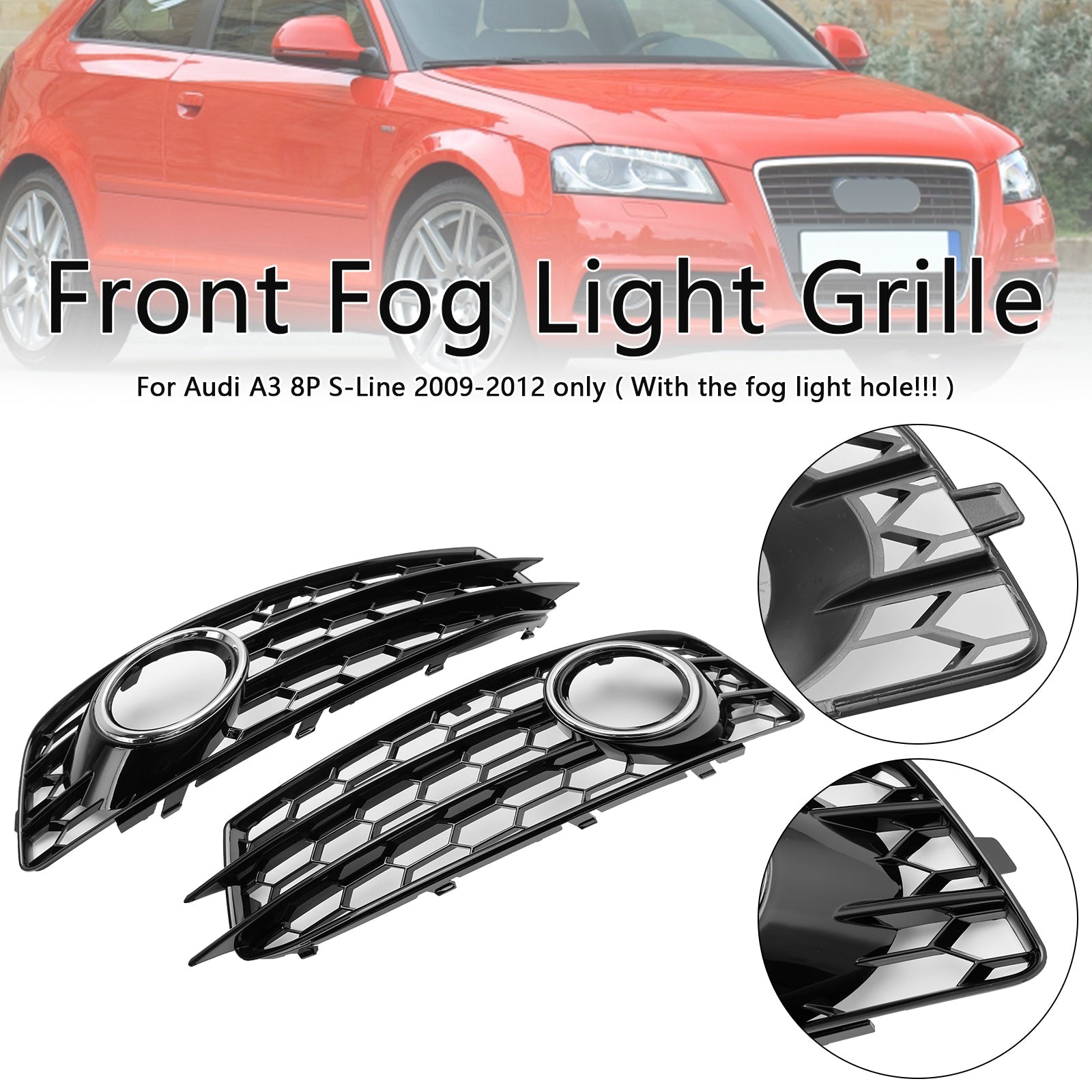 Honeycomb Front Bumper Fog Light Grille Cover Fit Audi A3 8P S-Line 2009-2012