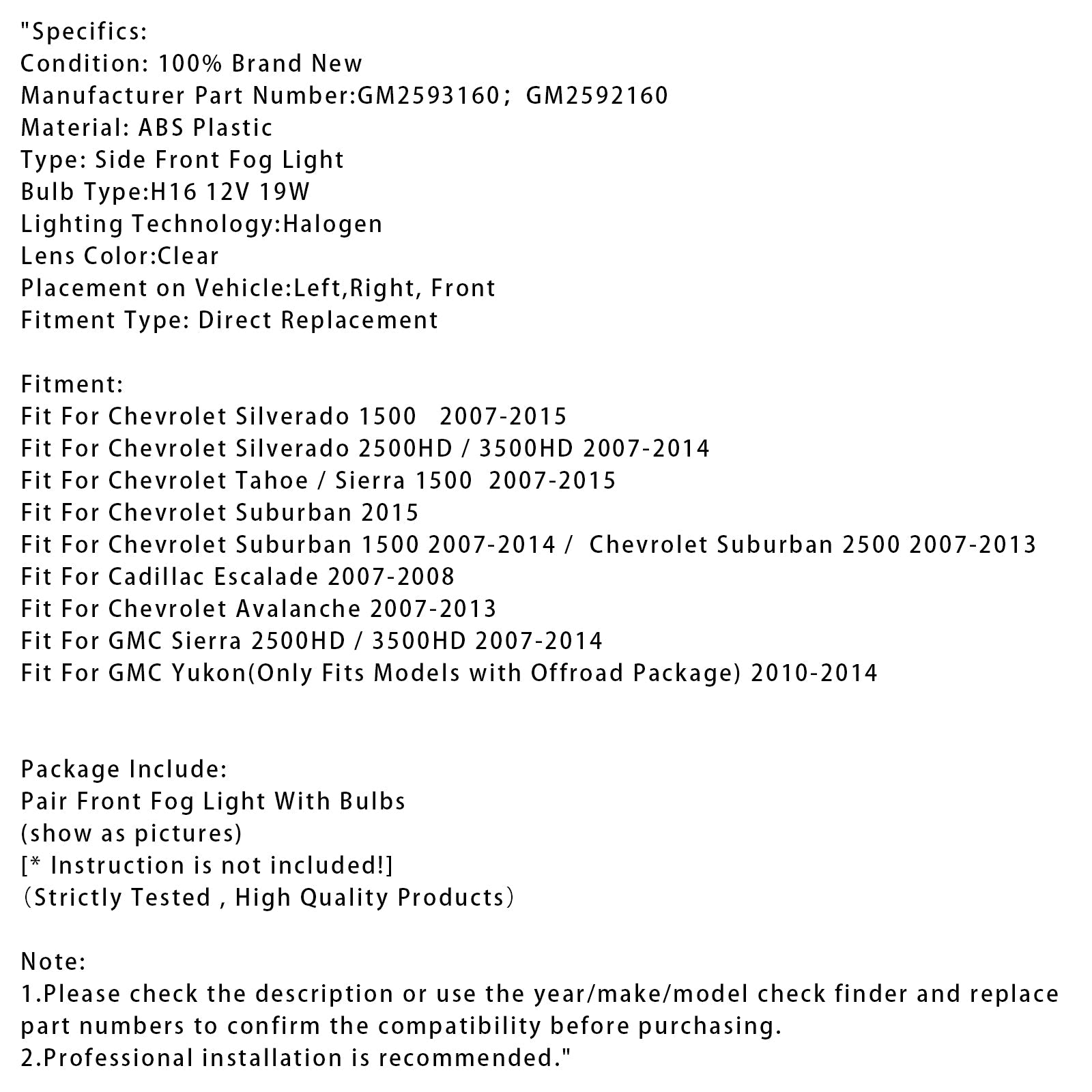 Pair Front  Fog Light Lamps With Bulbs For Chevy Silverado 2007-2013 Clear Lens