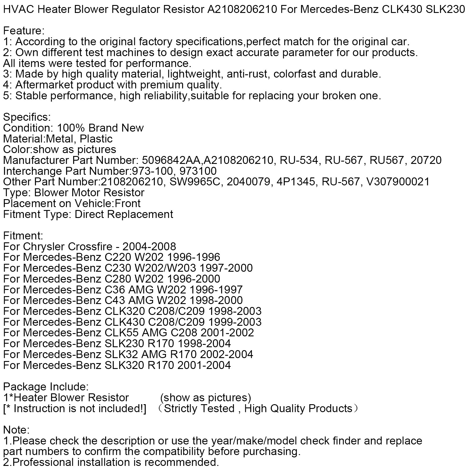 HVAC Heater Blower Resistor A2108206210 For Mercedes-Benz CLK430 SLK230