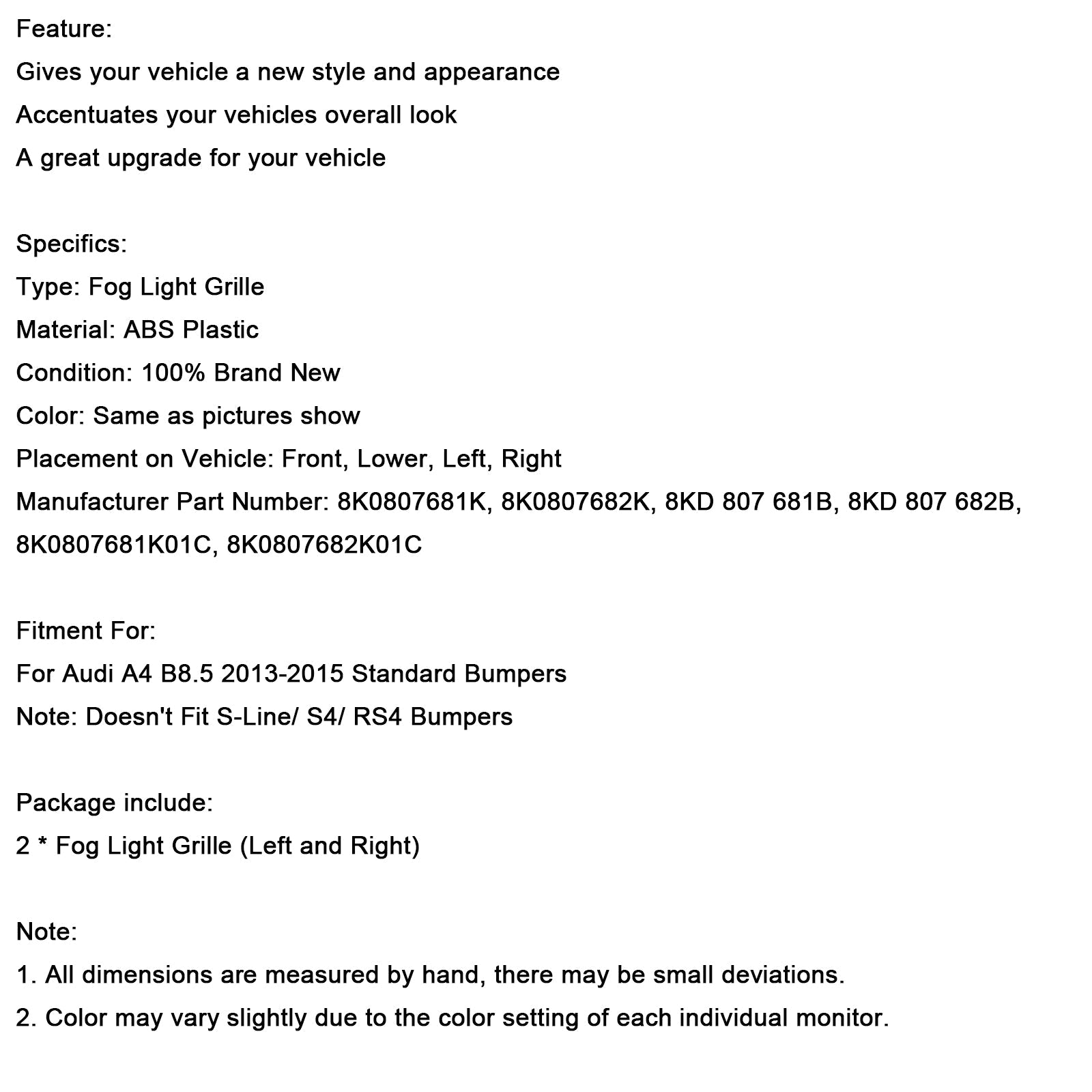 2013-2015 Audi A4 B8.5 Black Honeycomb Fog Light Cover Standard Bumper