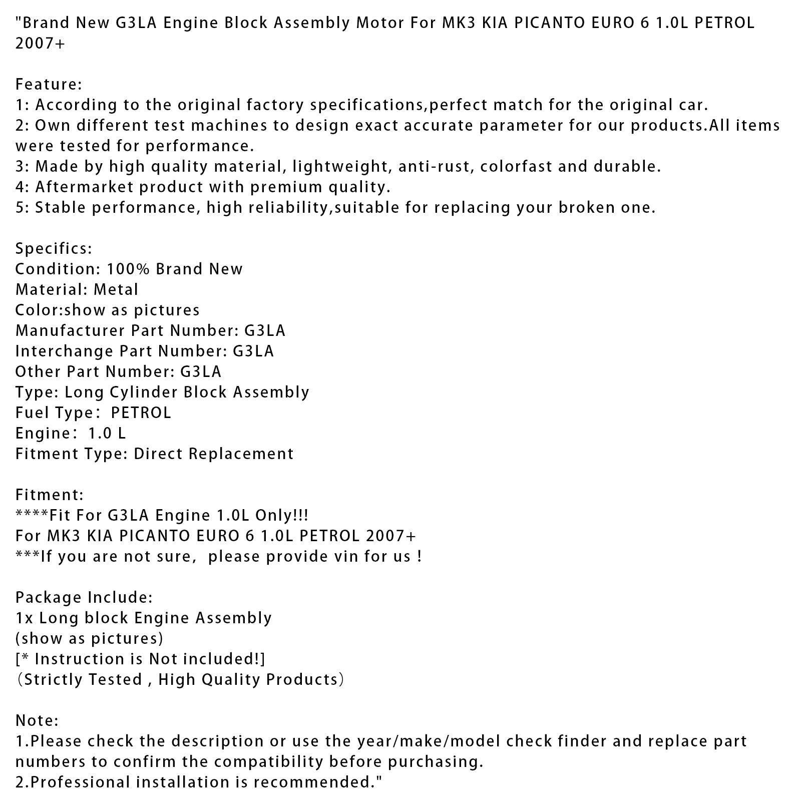 Brand New G3LA Engine Block Assembly For MK3 KIA PICANTO EURO 6 1.0L PETROL 07+