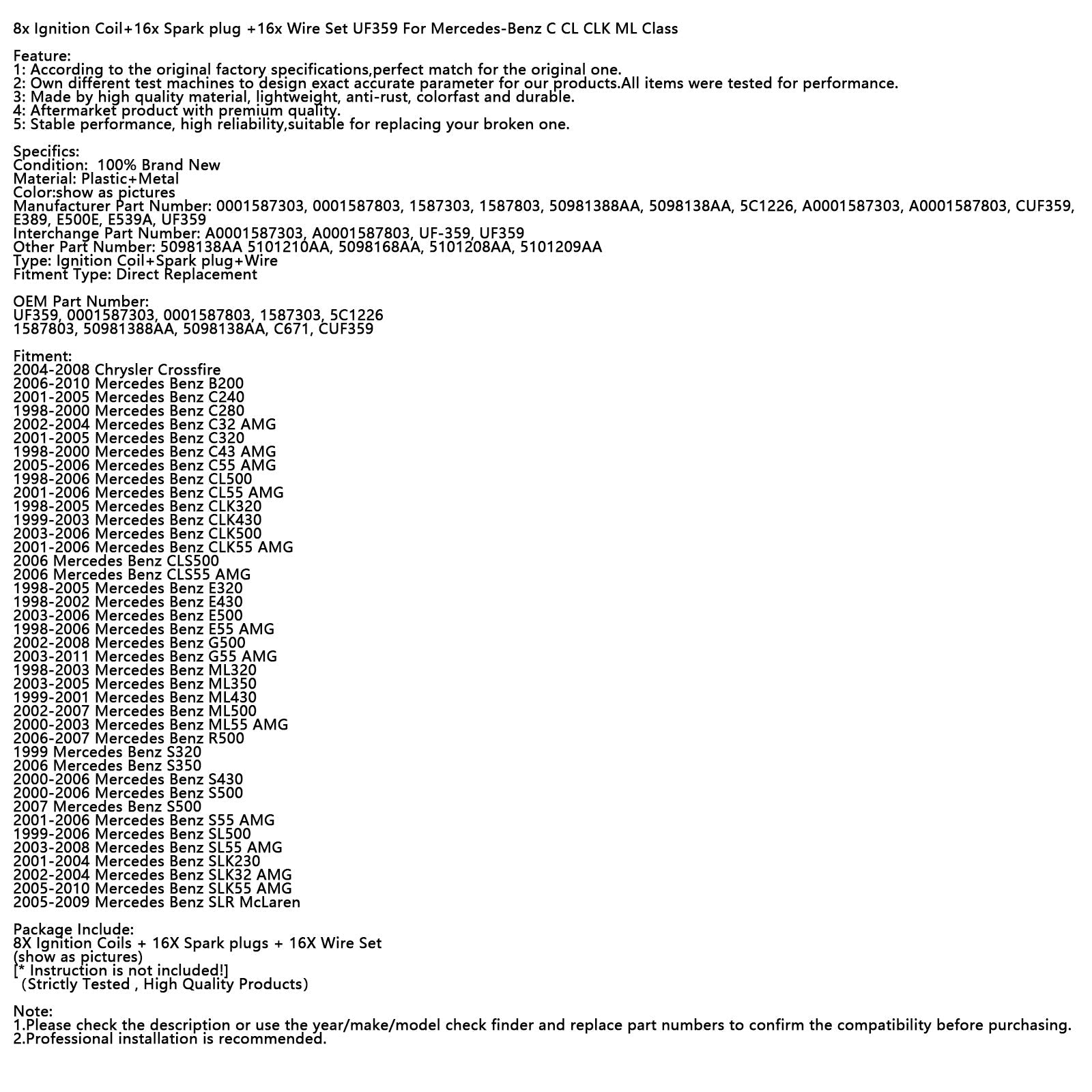 2002-2004 Mercedes Benz SLK32 AMG 8x Ignition Coil+16x Spark plug +16x Wire Set UF359 0001587303