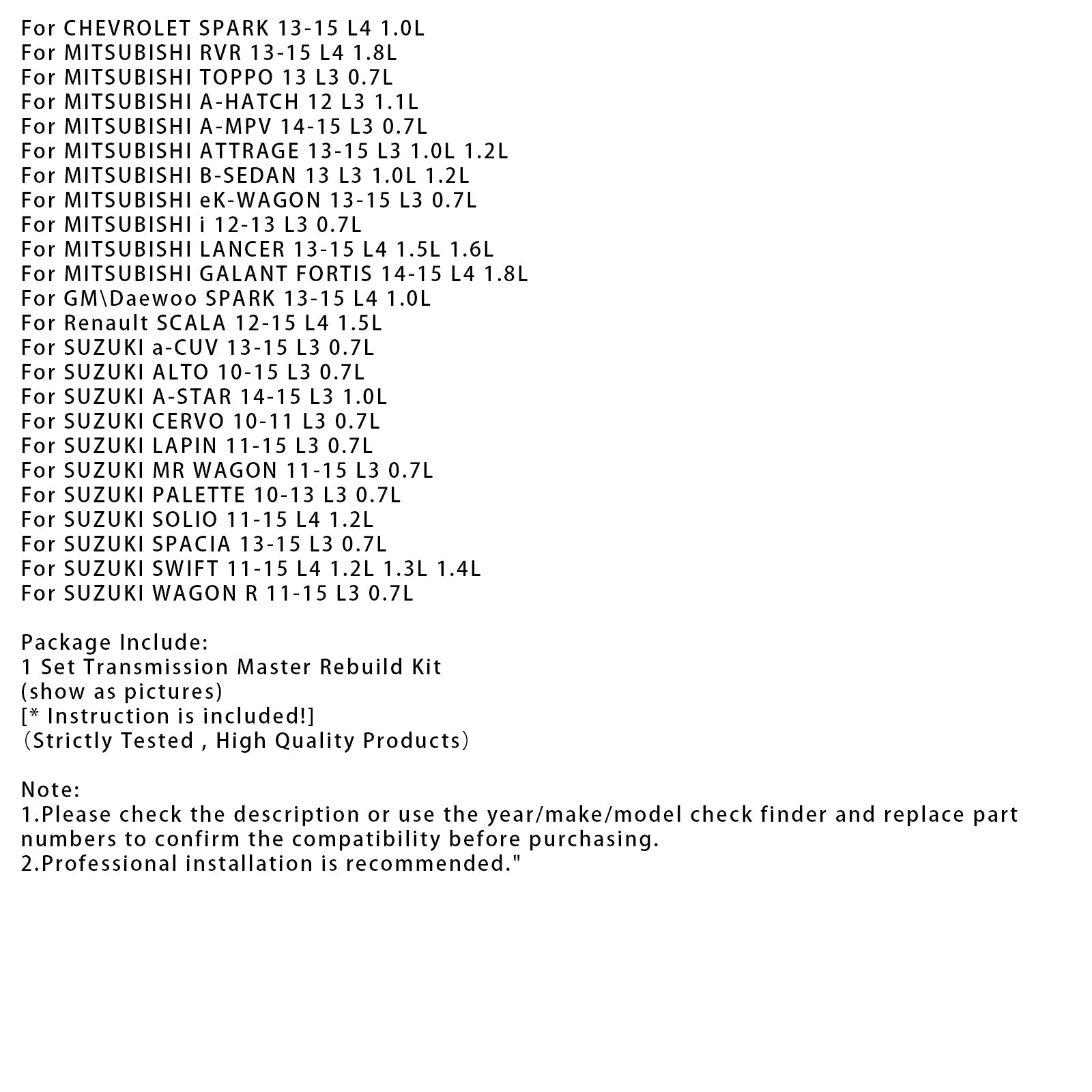 2013-2015 Nissan NV200 L4 1.5L Transmission Master Rebuild Kit & Pulley Set W/ Belt JF015E RE0F11A