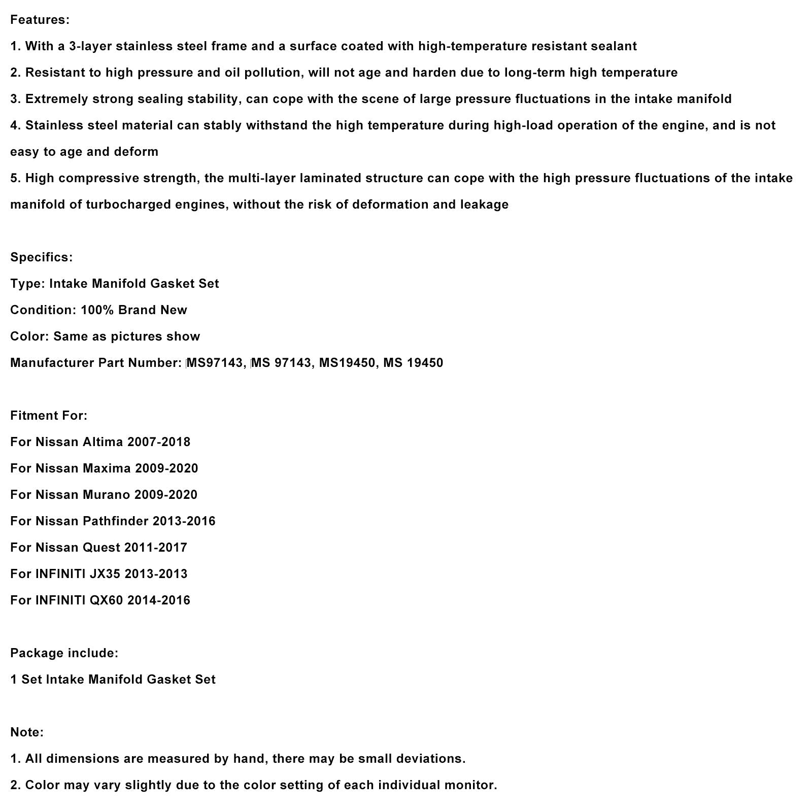 Intake Manifold Gasket Set MS97143 Fit Nissan Infiniti 3.5L V6 Gas 2007-2024