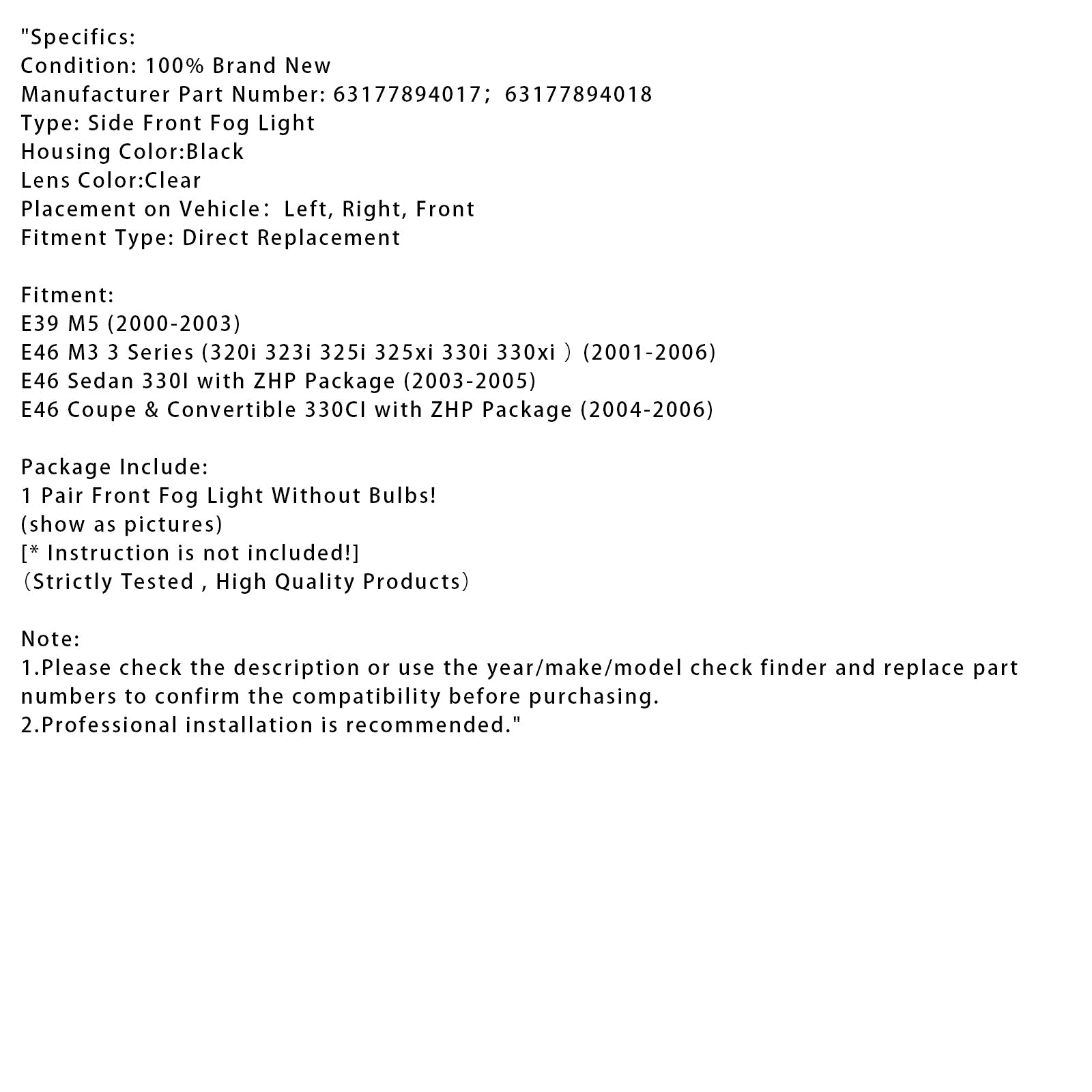 Pair Front Fog Light Lamps Without Bulbs For  BMW E46 3 Series 2001-2006