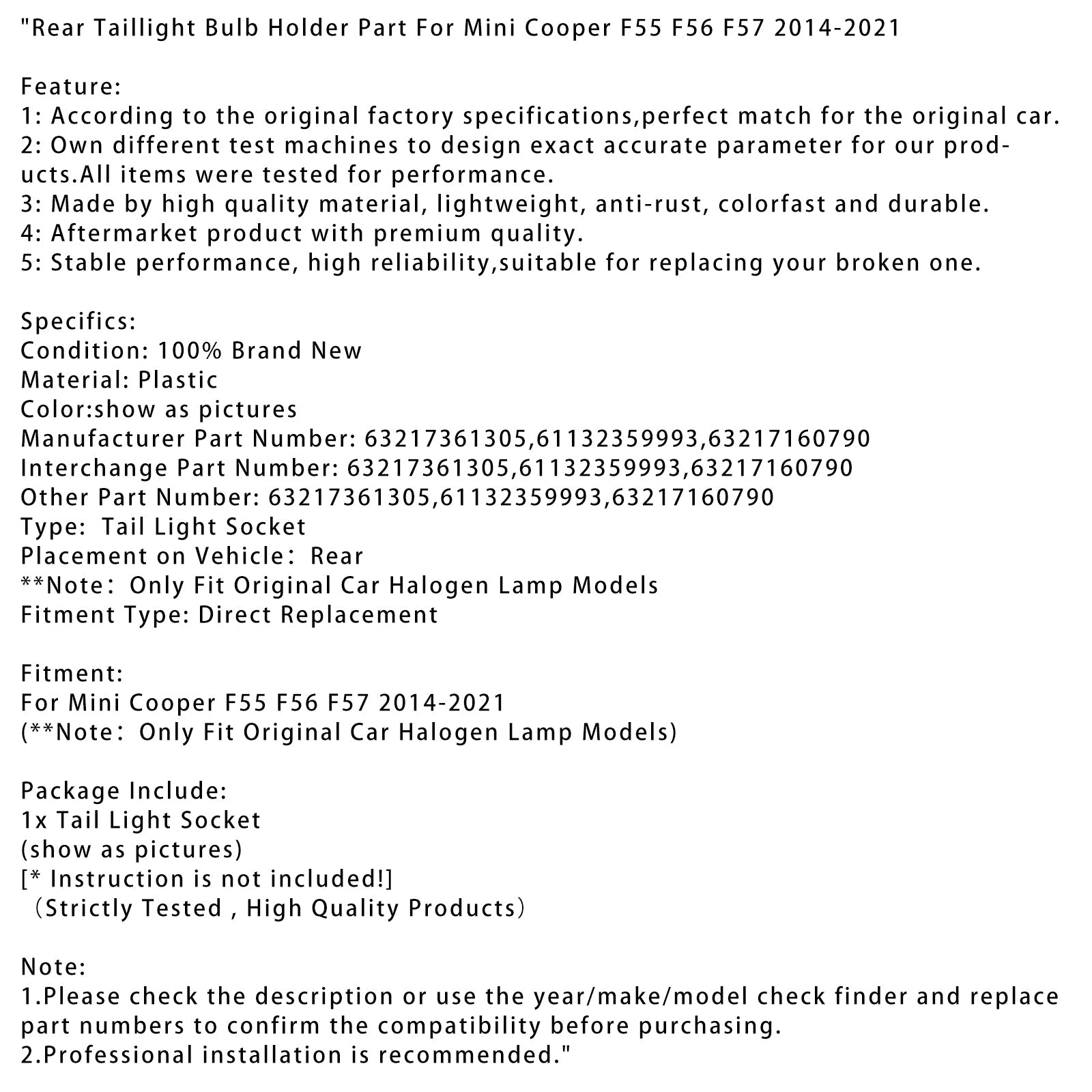2014-2021 Mini Cooper F55 F56 F57 Rear Taillight Bulb Holder Part