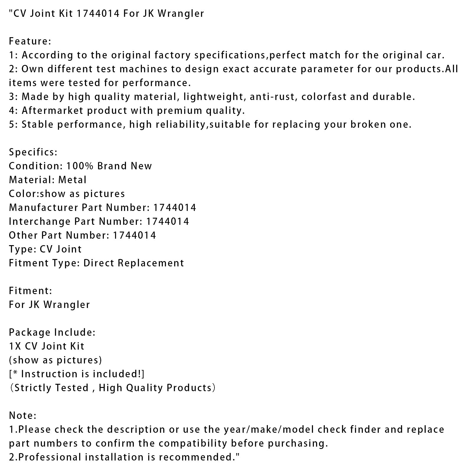 CV Joint Kit 1744014 For JK Wrangler