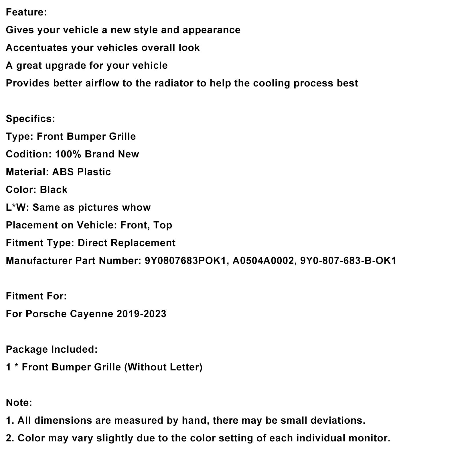 Black Front Bumper Grill Grille 9Y0807683POK1 Fit Porsche Cayenne 2019-2023
