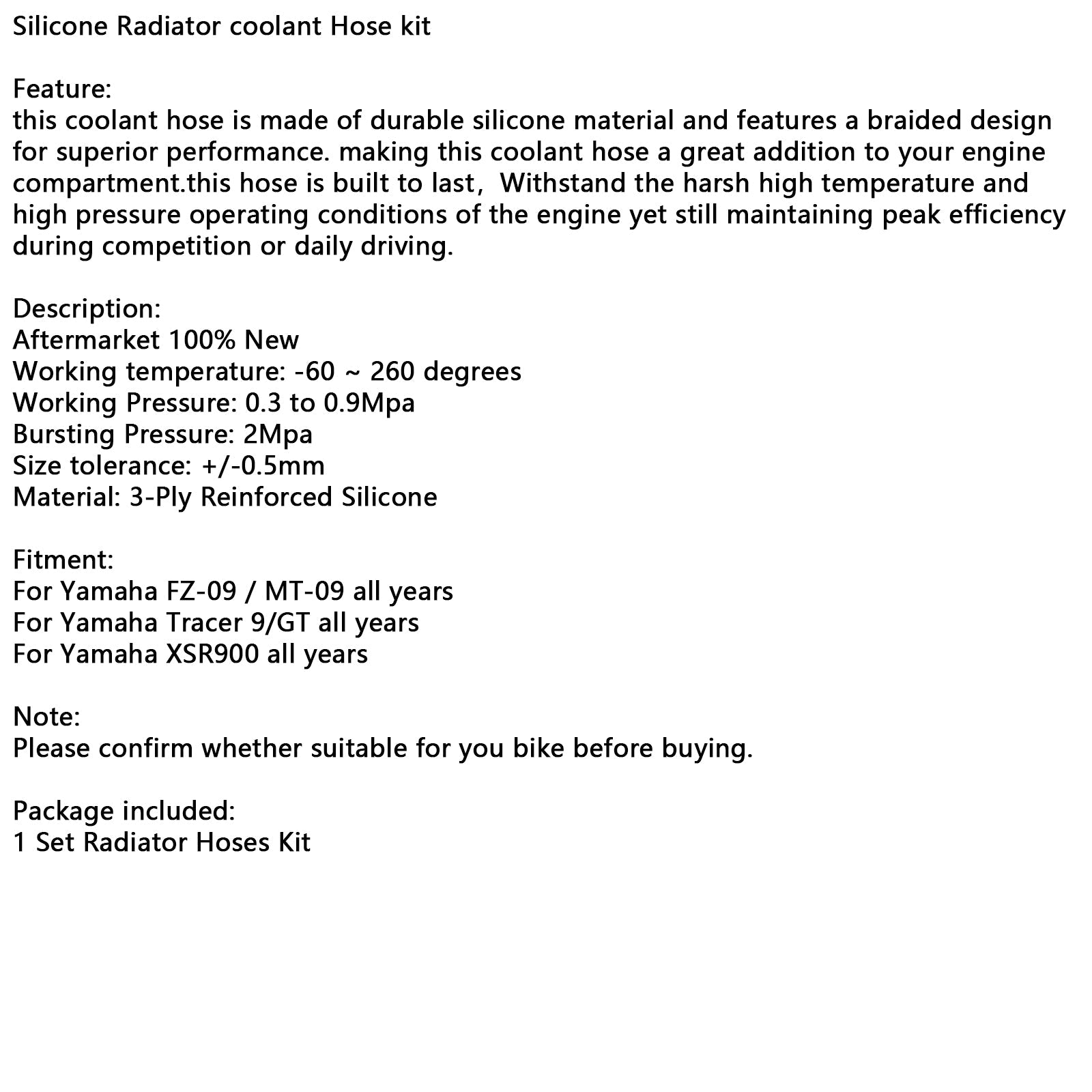 Silicone Radiator coolant Hose For Yamaha MT-09 XSR900 Tracer 9/GT all years