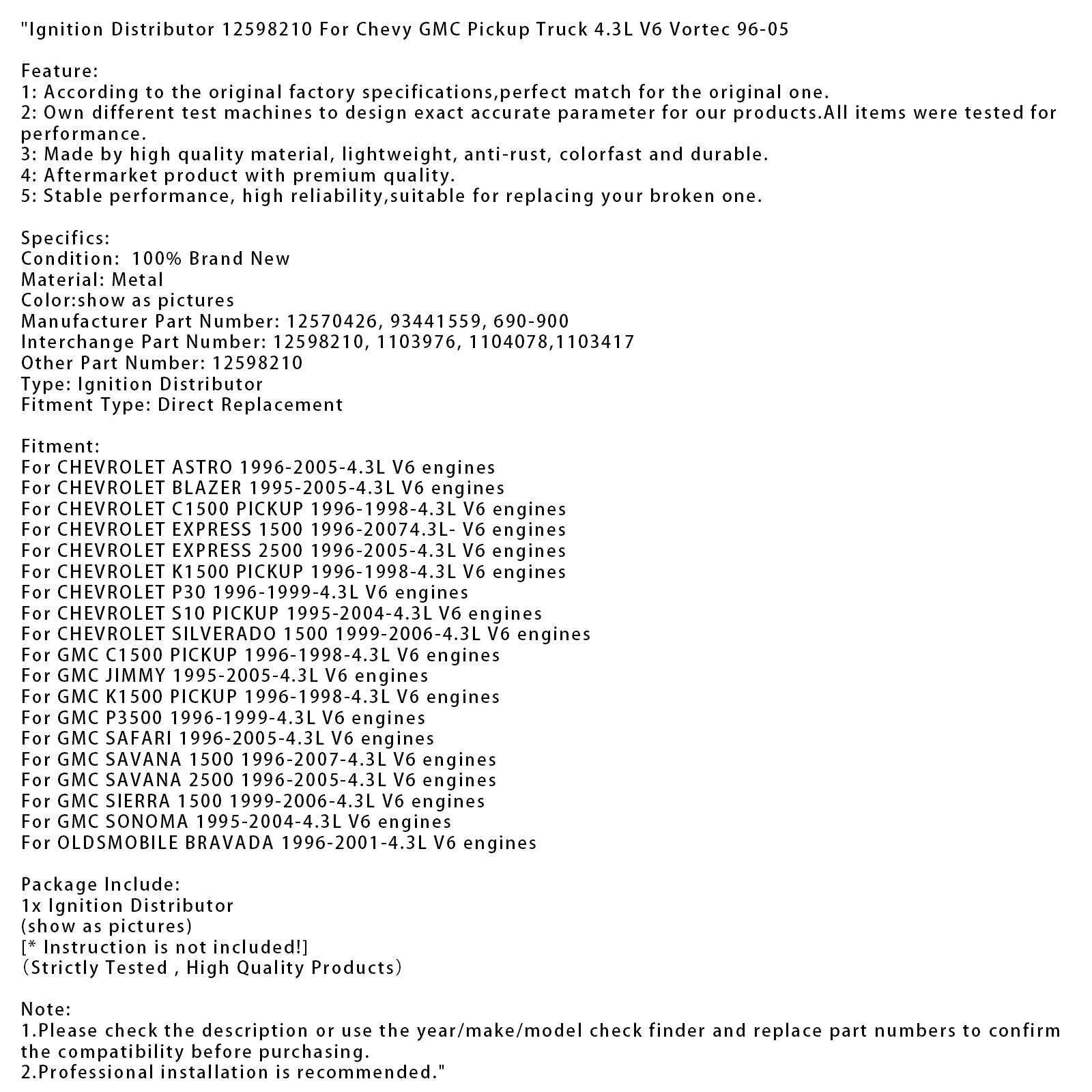 1995-2005 GMC JIMMY 4.3L V6 engines Ignition Distributor 12598210 12570426