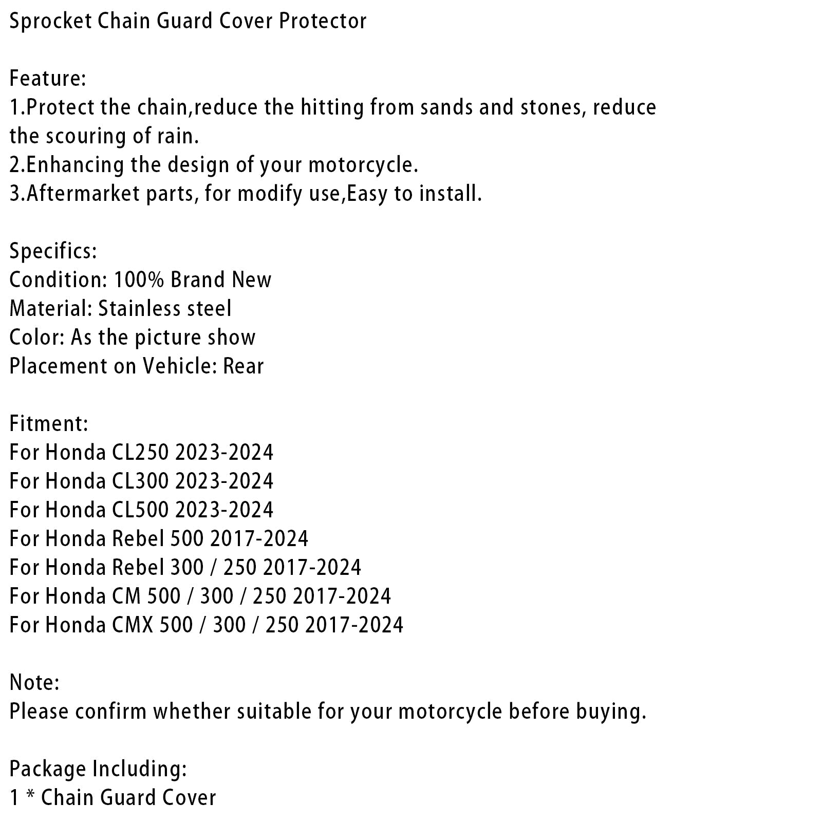 Chain Guard Cover Protector For Honda Rebel  CL 250 300 500 CM CMX 17-24