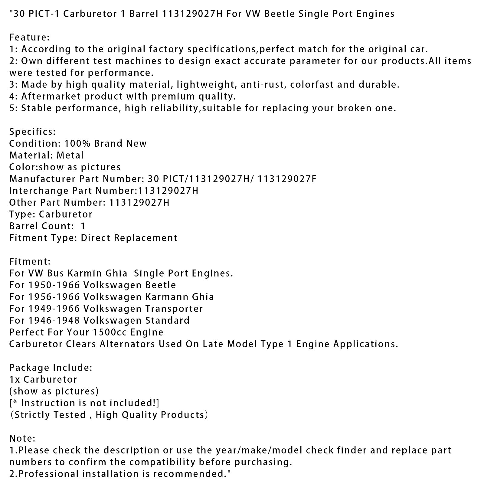 1949-1966 Volkswagen Transporter 30 PICT-1 Carburetor 1 Barrel 113129027H 113129027F