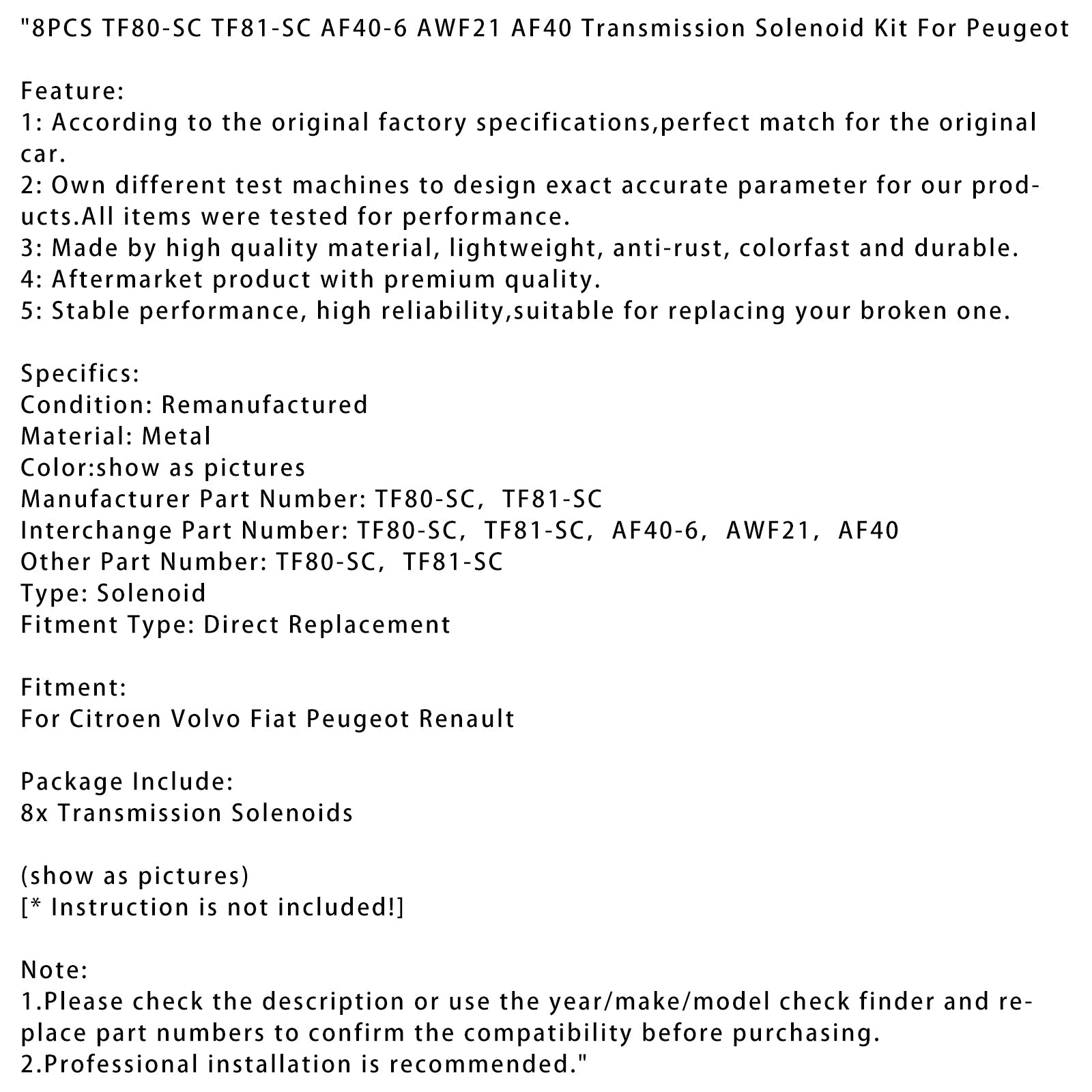 8PCS TF81-SC TF81 Transmission Solenoid Kit For Peugeot