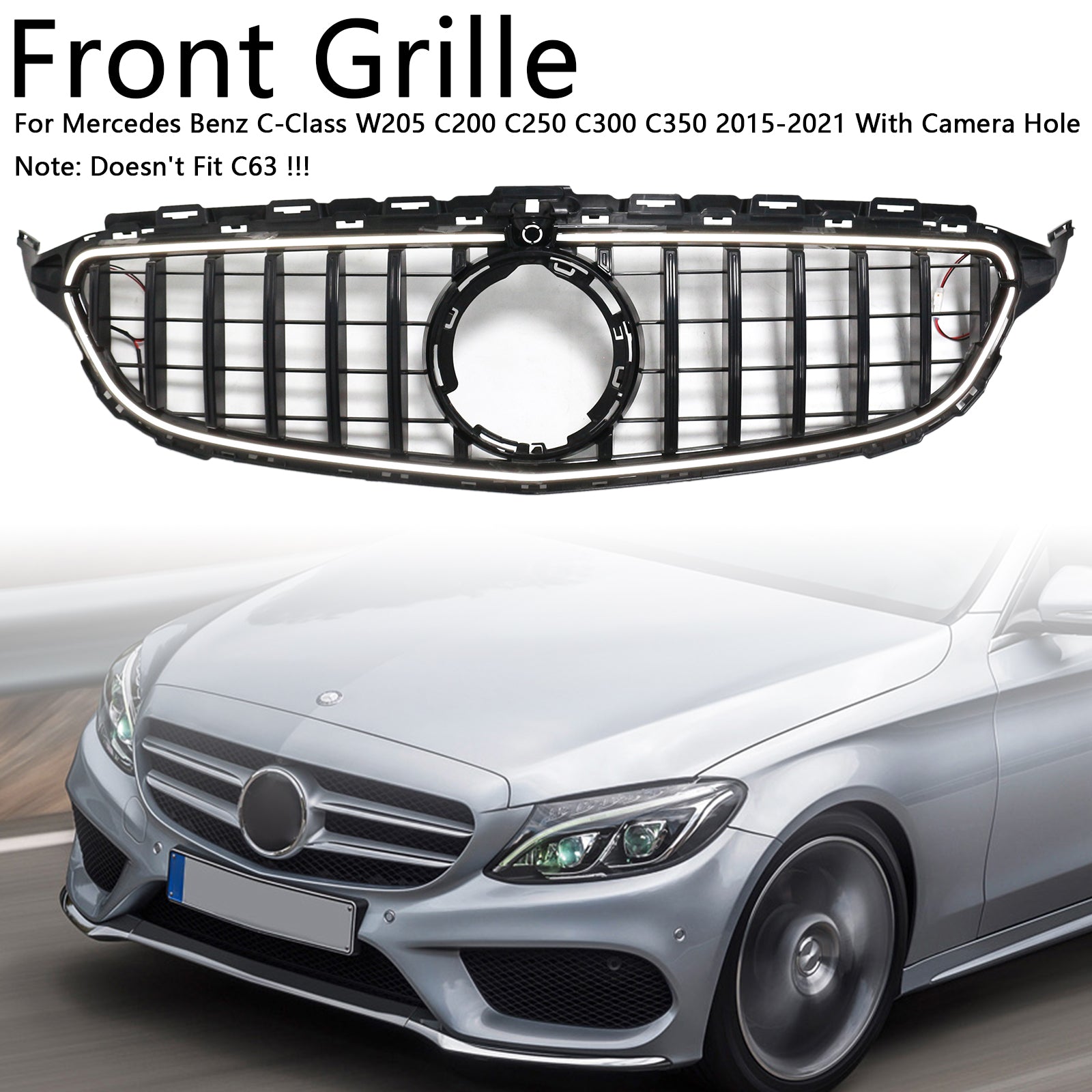 Black Front Bumper Grill Grille Fit Mercedes W205 C250 C300 2015-2021 W/LED