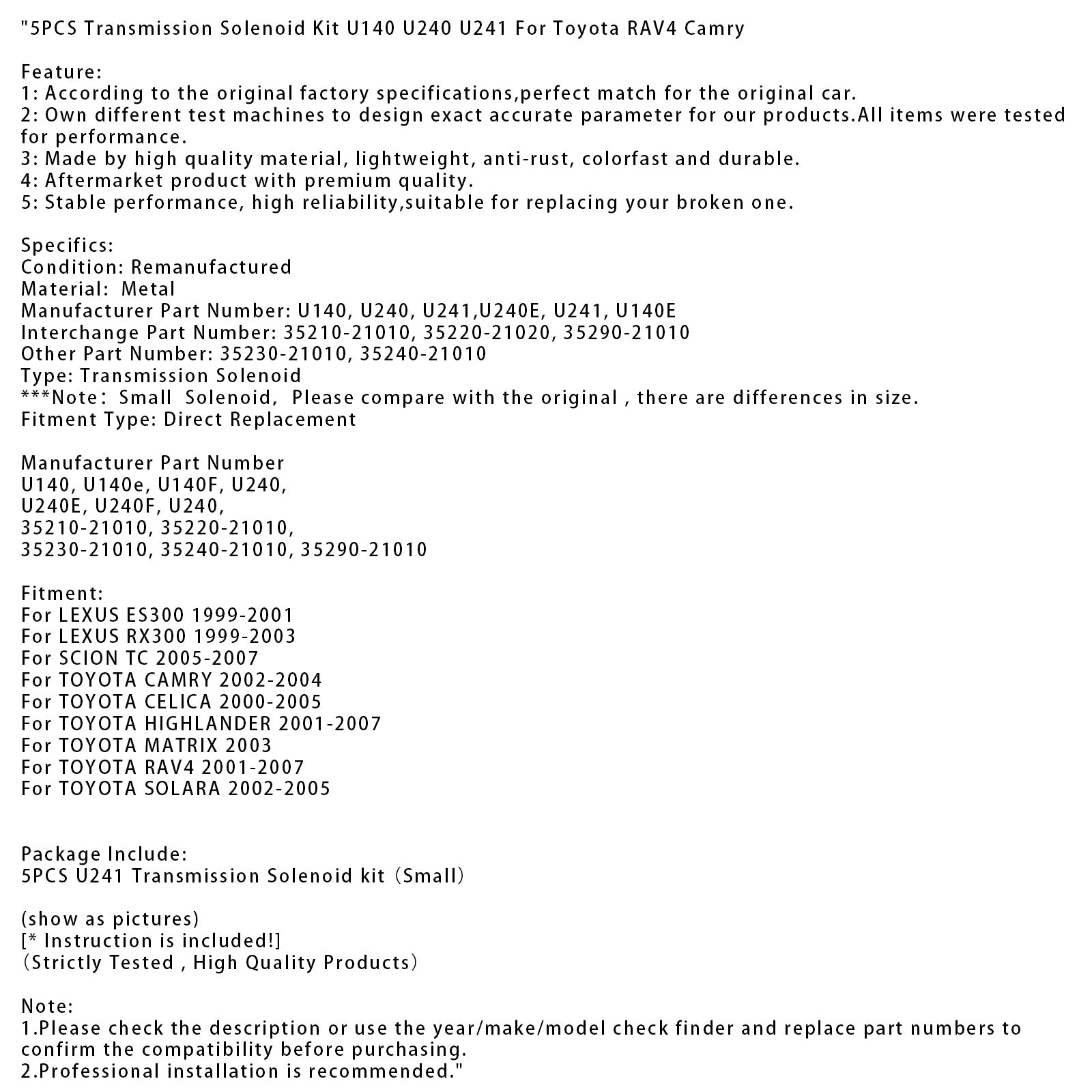 2002-2004 TOYOTA CAMRY 5PCS Transmission Solenoid Kit U140 U240 U241