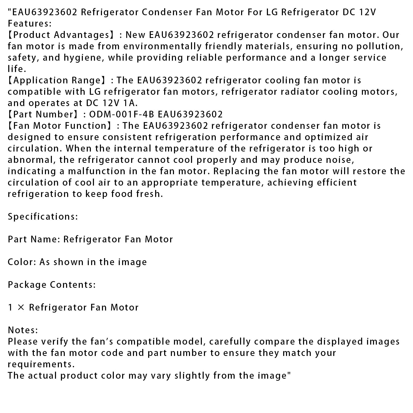 EAU63923602 Refrigerator Condenser Fan Motor For LG Refrigerator DC 12V