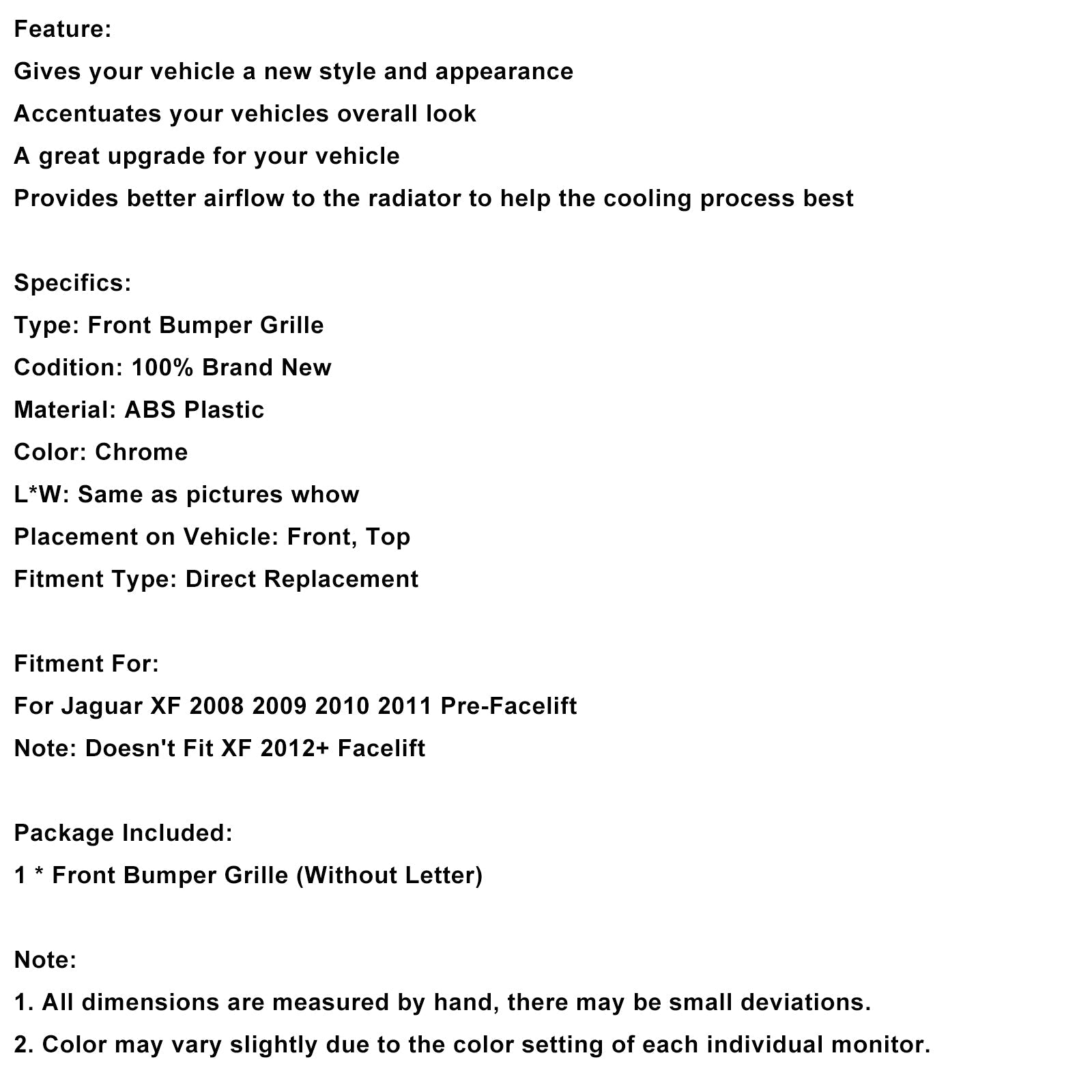 2008-2011 Jaguar XF XF-R Style Front Bumper Grill Grille Chrome