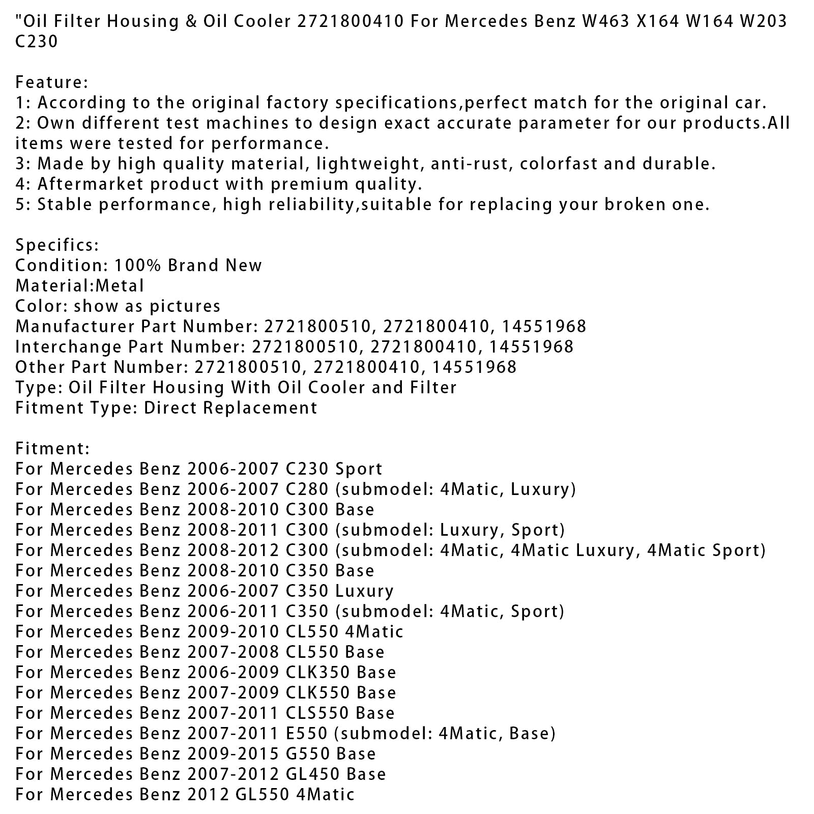 2007-2012 Mercedes Benz GL450 Base Oil Filter Housing & Oil Cooler 2721800410 14551968
