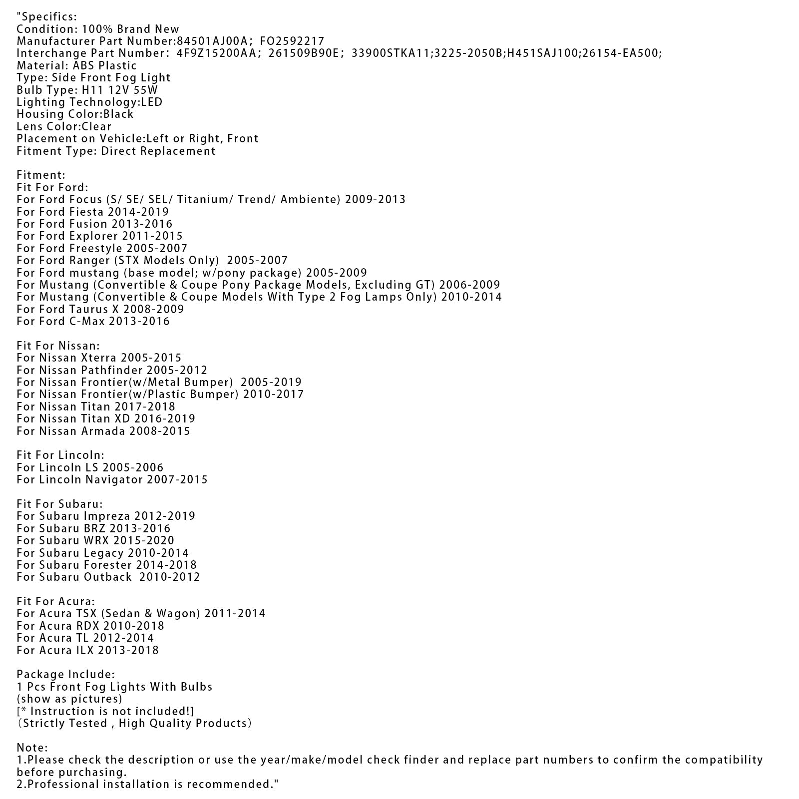 9 LED Daytime Running Fog Lights For Ford Focus Fiesta C-Max 84501AJ00A