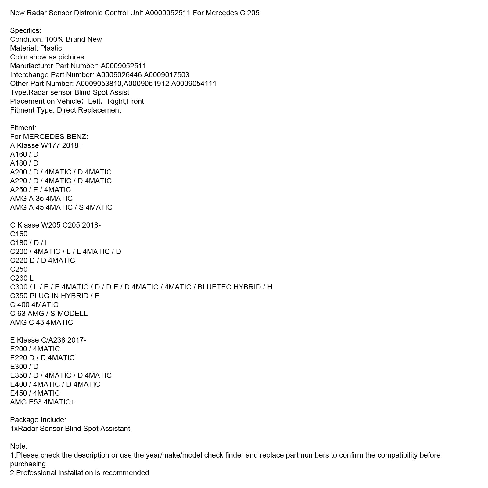 2018-nowon MERCEDES BENZ A Klasse AMG A 35 4MATIC New Radar Sensor Distronic Control Unit A0009052511