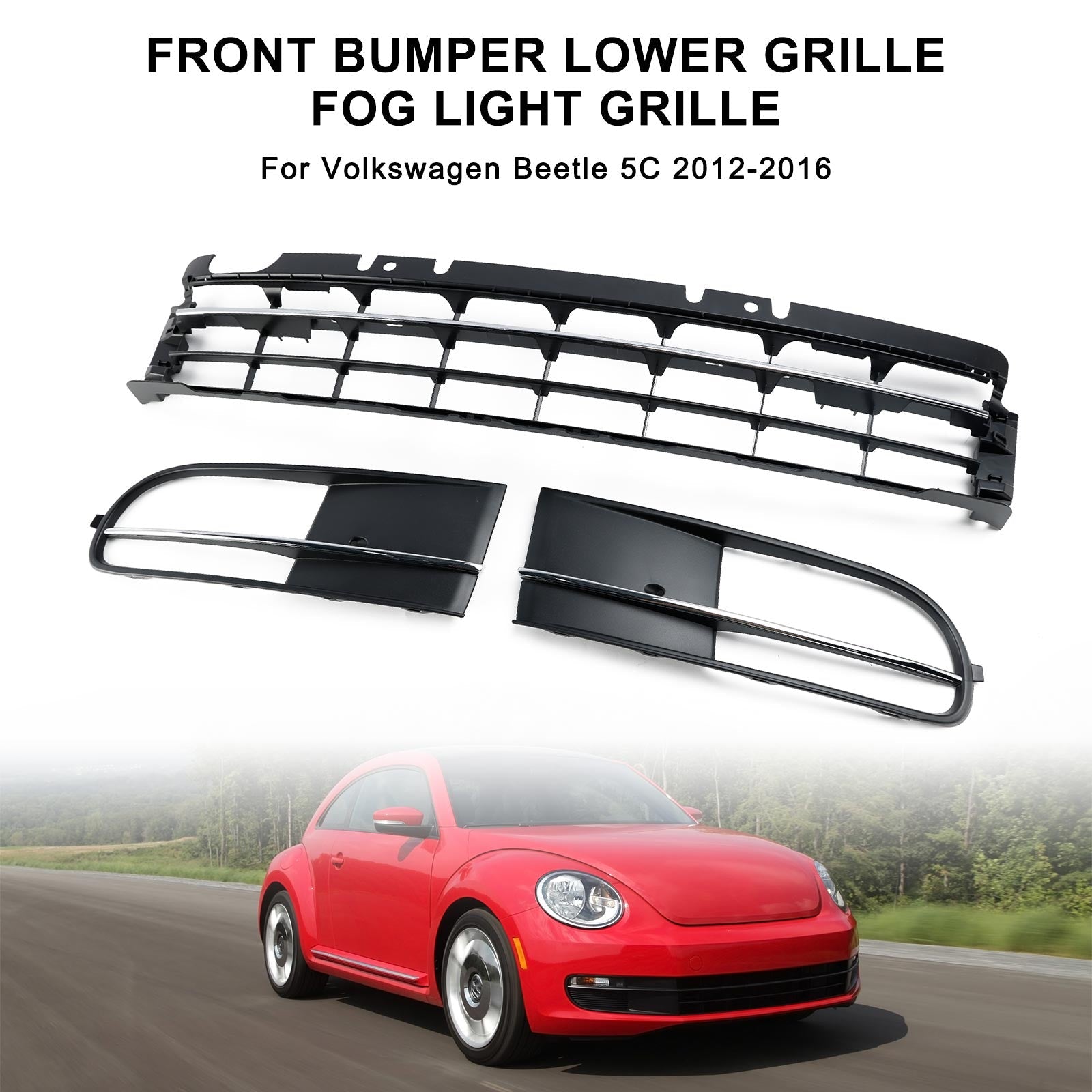 VW Beetle 2012-2016 W/ Chrome Front Bumper Lower Grille + Fog Light Grill