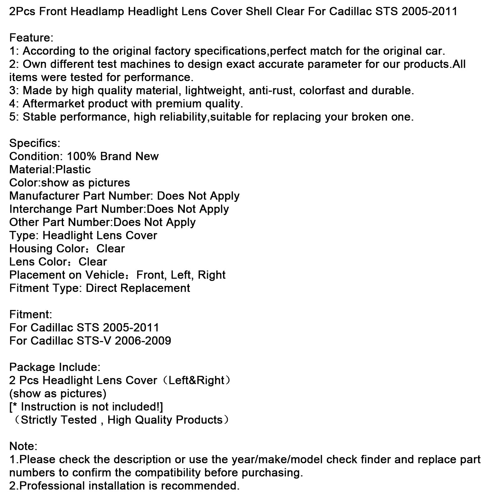 2006-2009 Cadillac STS-V 2Pcs Front Headlight Lens Cover Shell Clear