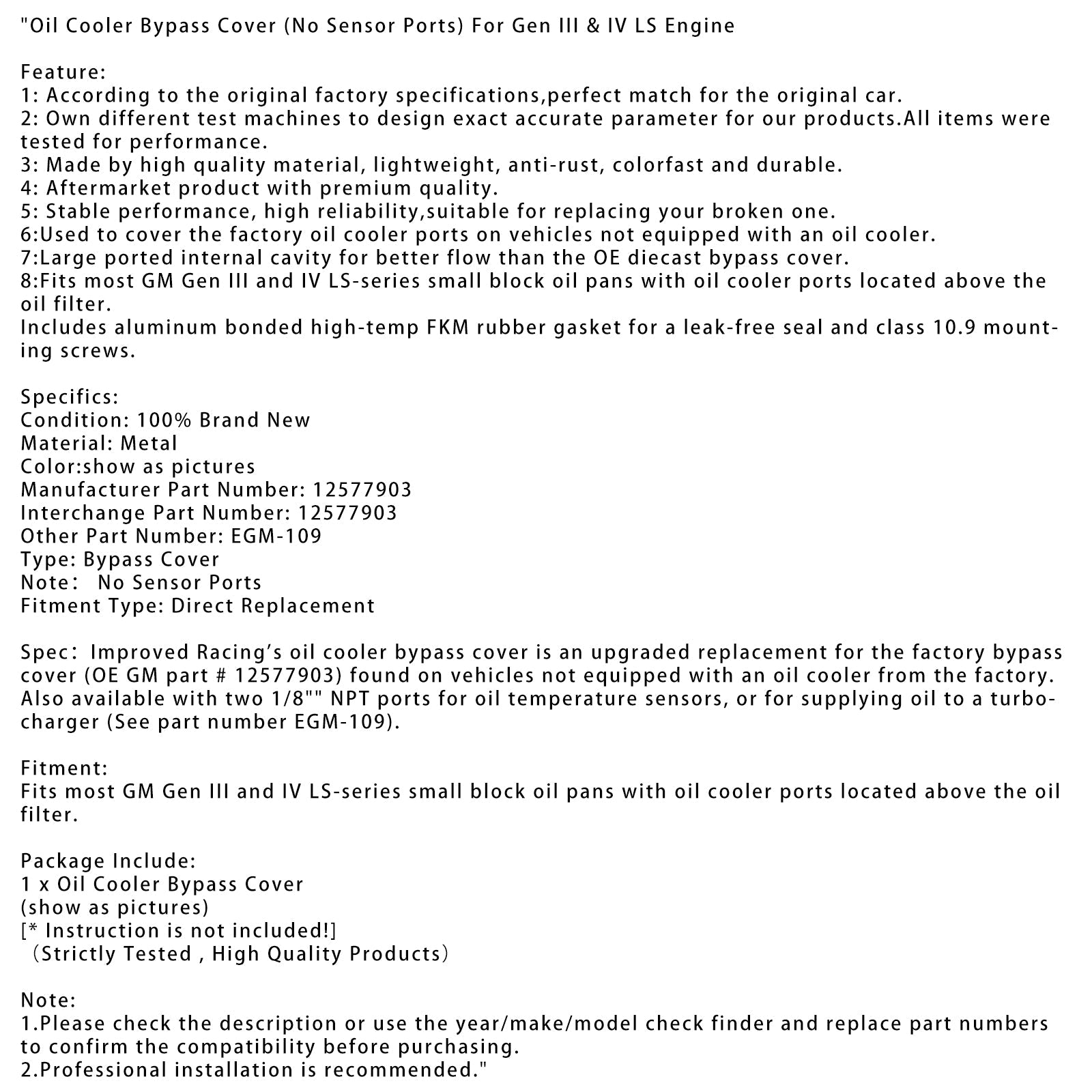 Oil Cooler Bypass Cover (No Sensor Ports) For Gen III & IV LS Engine