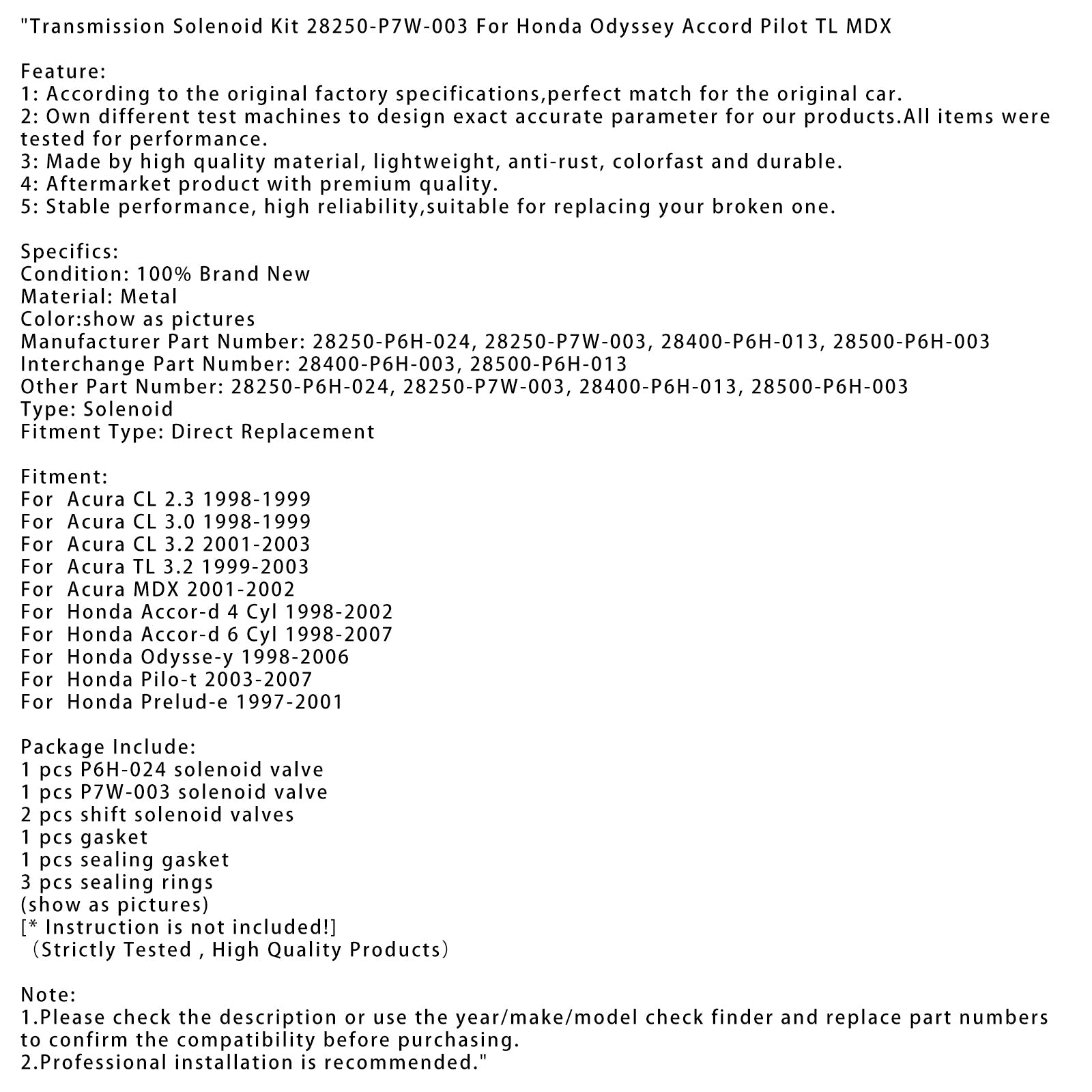 Transmission Solenoid Kit 28250-P7W-003 For Honda Odyssey Accord Pilot TL MDX