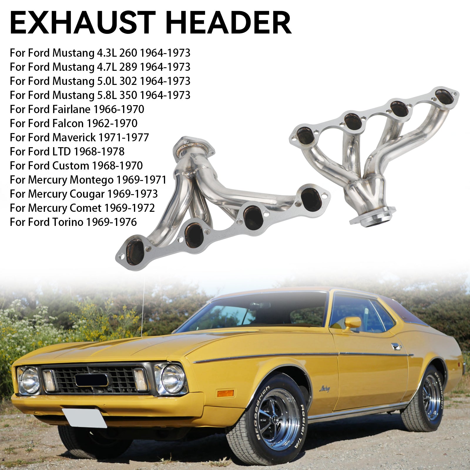 Stainless Hugger Exhaust Headers Fit Ford Short Block Windsor 289 302 351