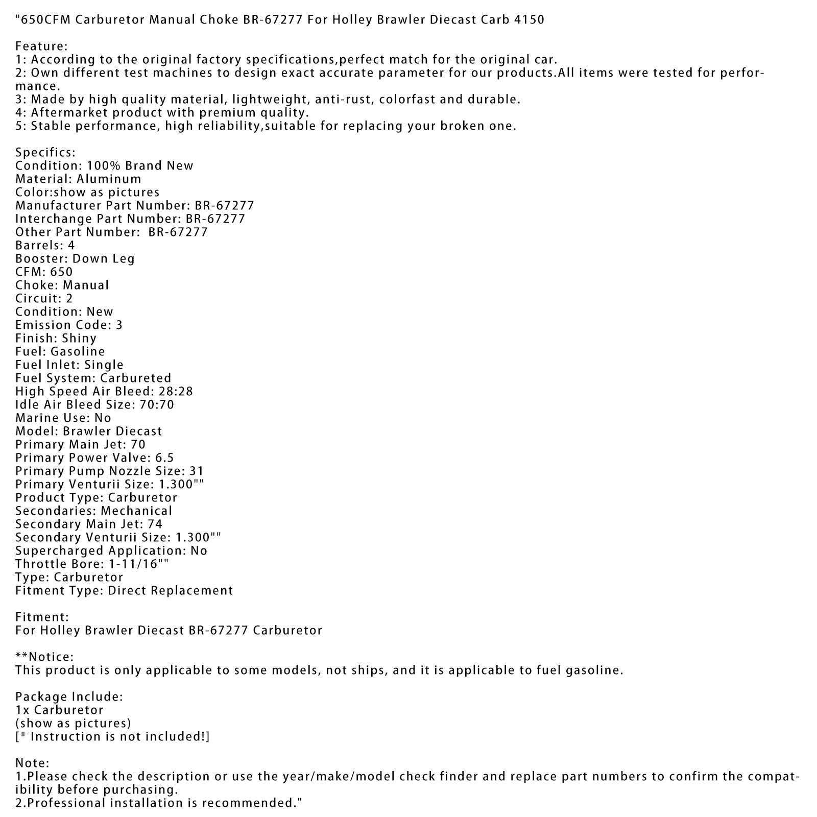 650CFM Carburetor Manual Choke BR-67277 For Holley Brawler Diecast Carb 4150