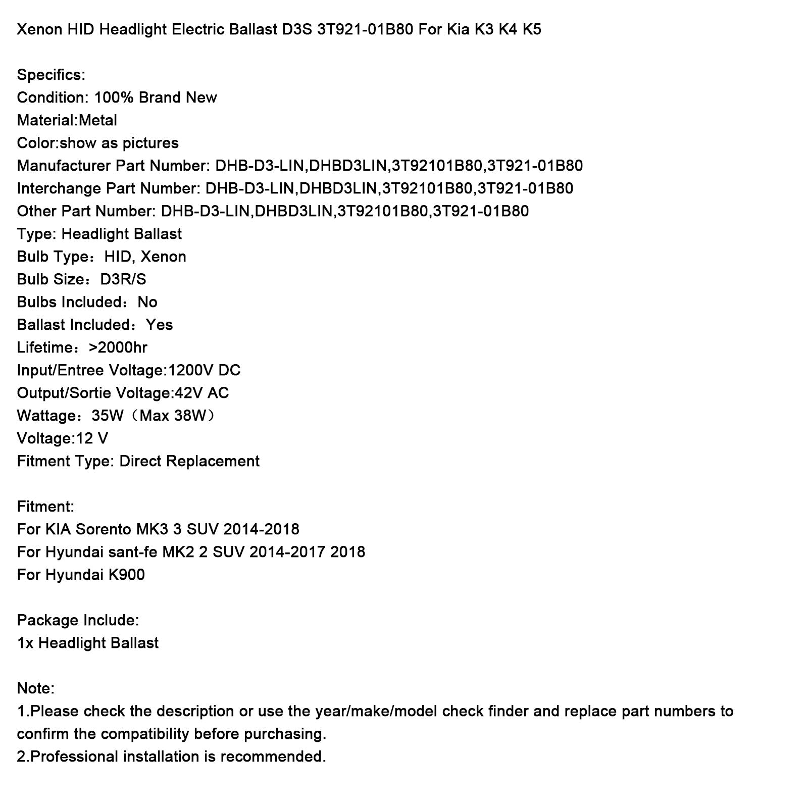 Xenon HID Headlight Electric Ballast D3S 3T921-01B80 For Kia K3 K4 K5