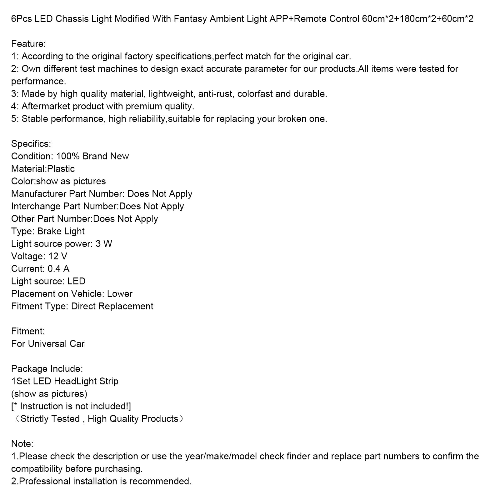 6Pcs LED Chassis Light Modified With Fantasy Ambient Light APP Controller 60cm*2+180cm*2+60cm*2