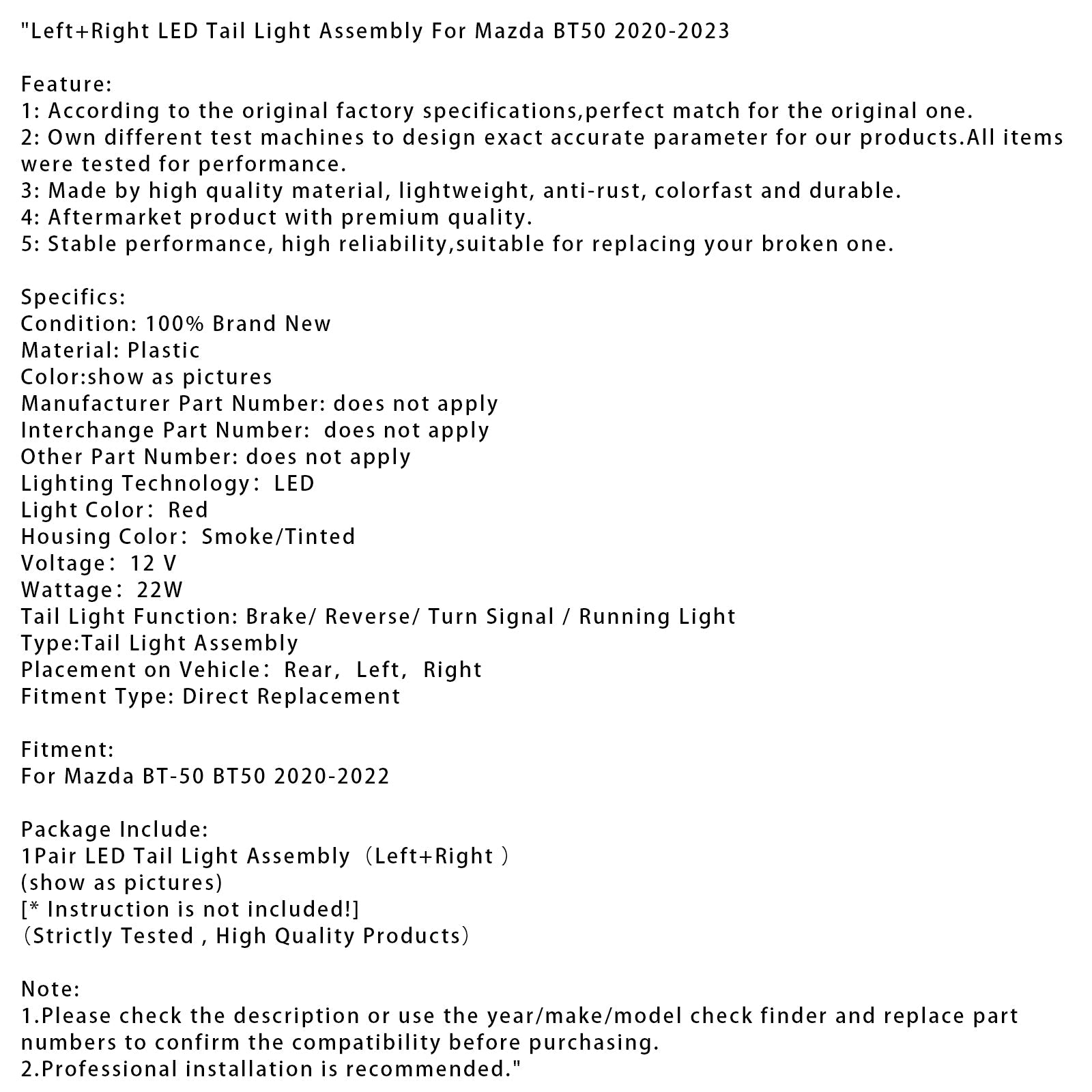 2020-2023 Mazda BT50 Left+Right LED Tail Light Assembly