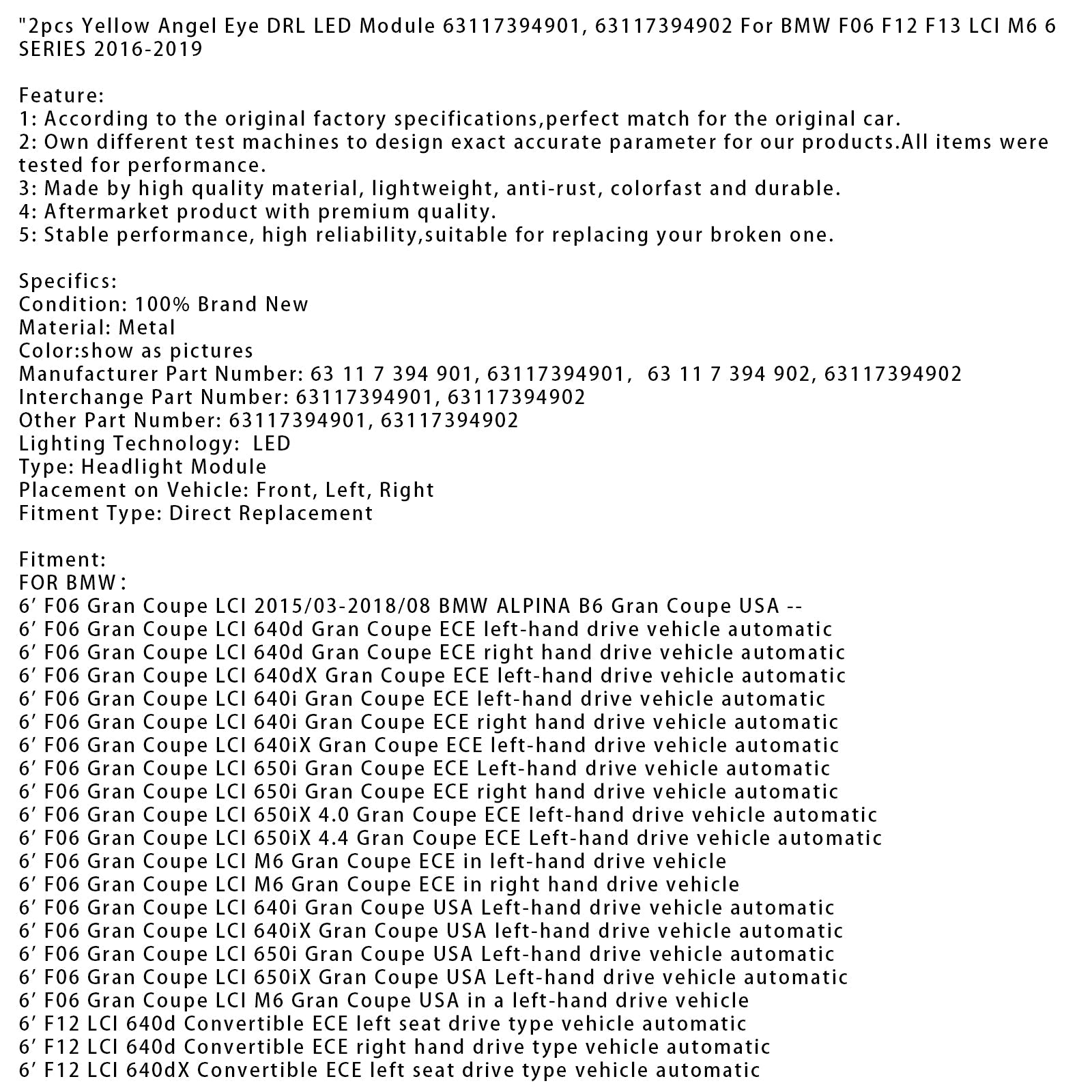 2016-2019 BMW F06 F12 F13 LCI M6 6 SERIES 2pcs Angel Eye DRL LED Module