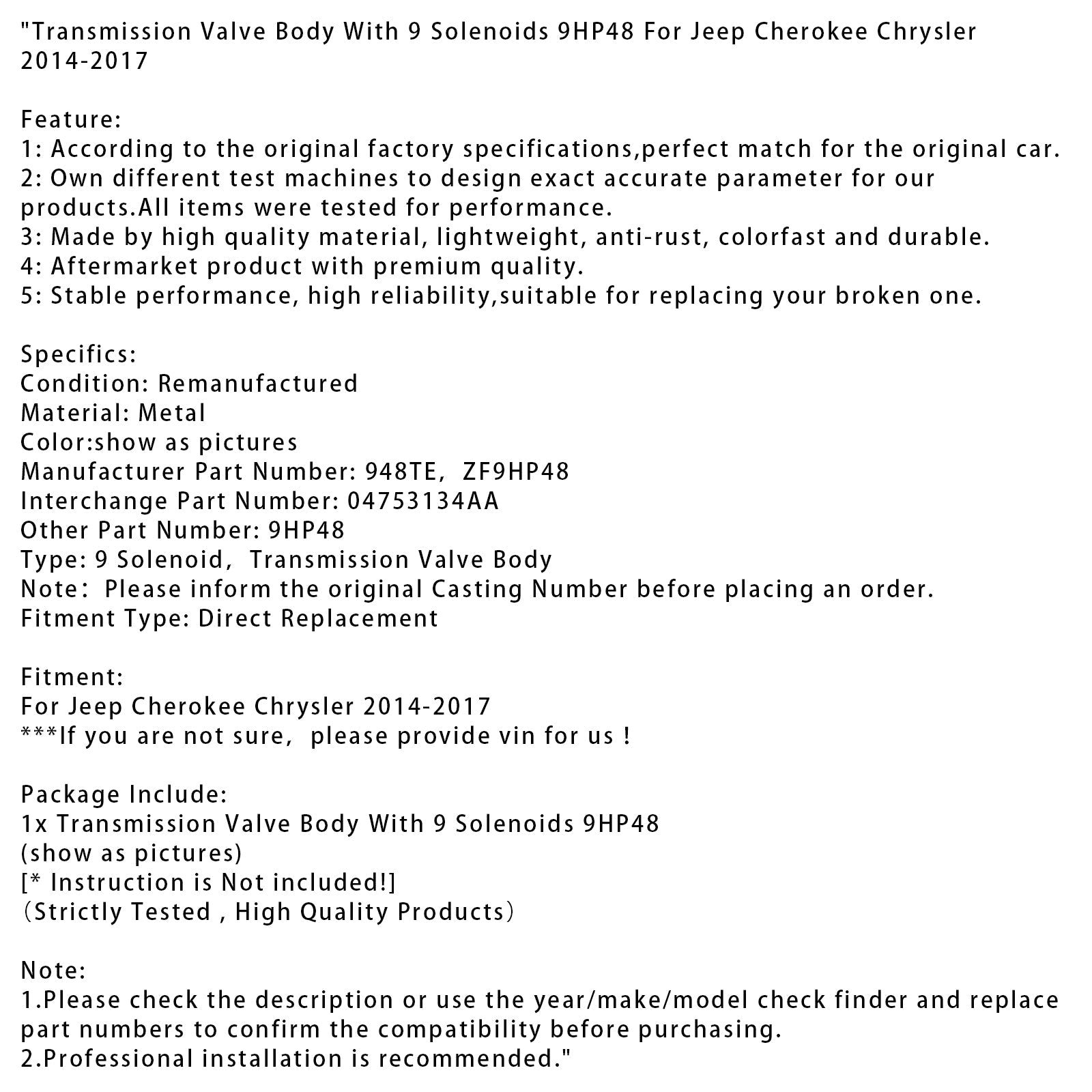 2014-2017 Jeep Cherokee Chrysler Transmission Valve Body With 9 Solenoids 9HP48 04753134AA