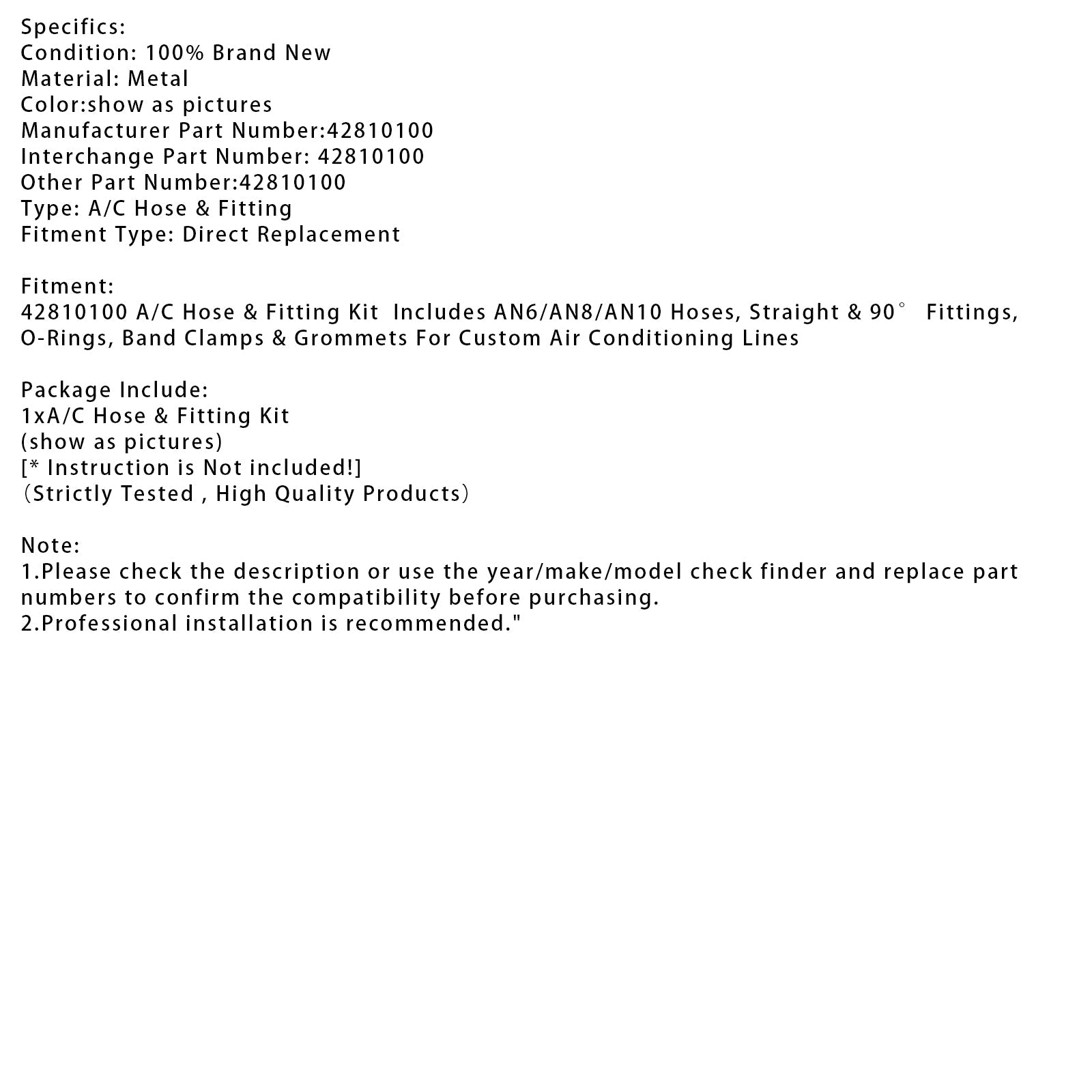 42810100 A/C Hose & Fitting Kit AN6/AN8/AN10 Hoses, Straight & 90＜ Fittings